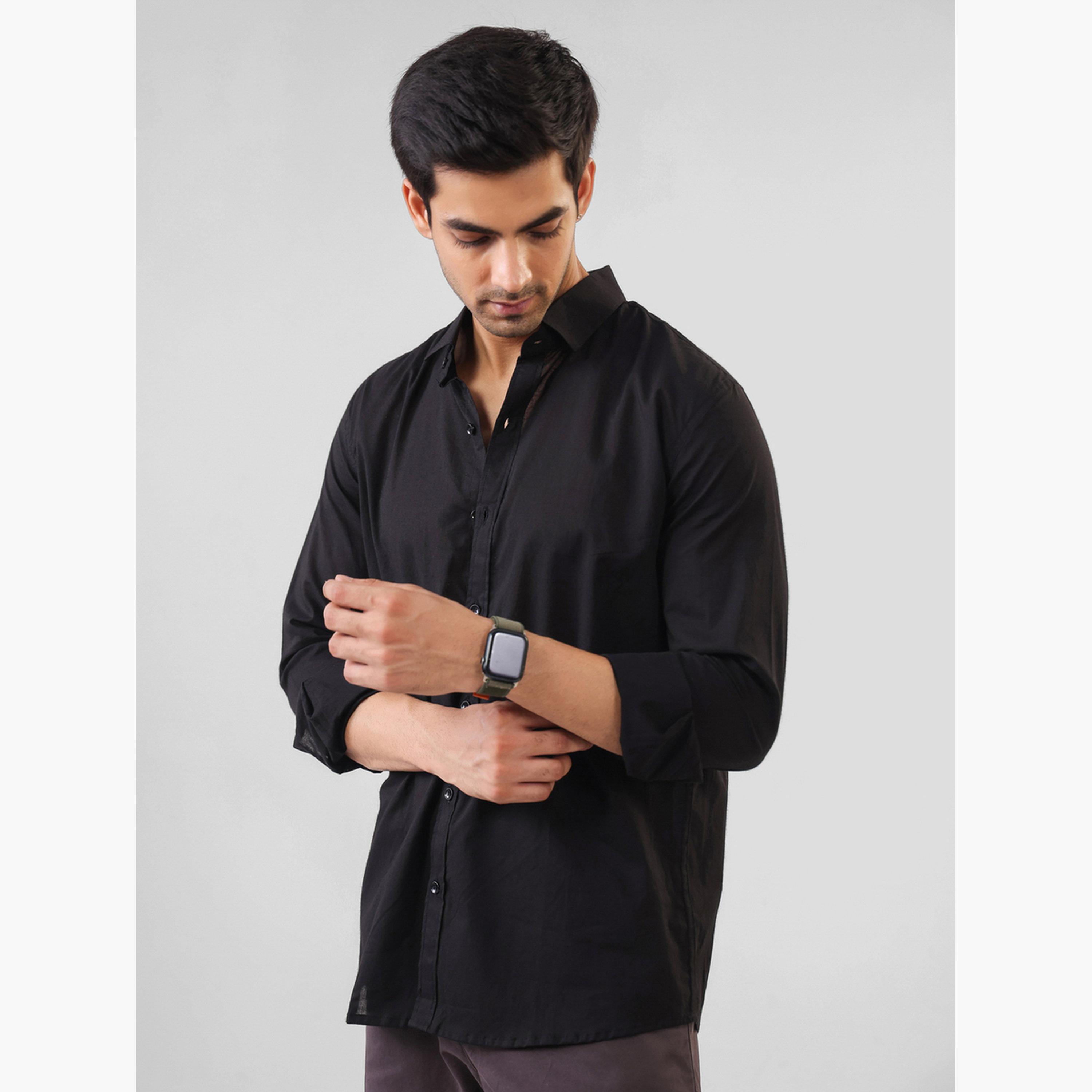 قميص قطن سادة بقصة مريحة للرجال-men-clothing-shirts-image-4
