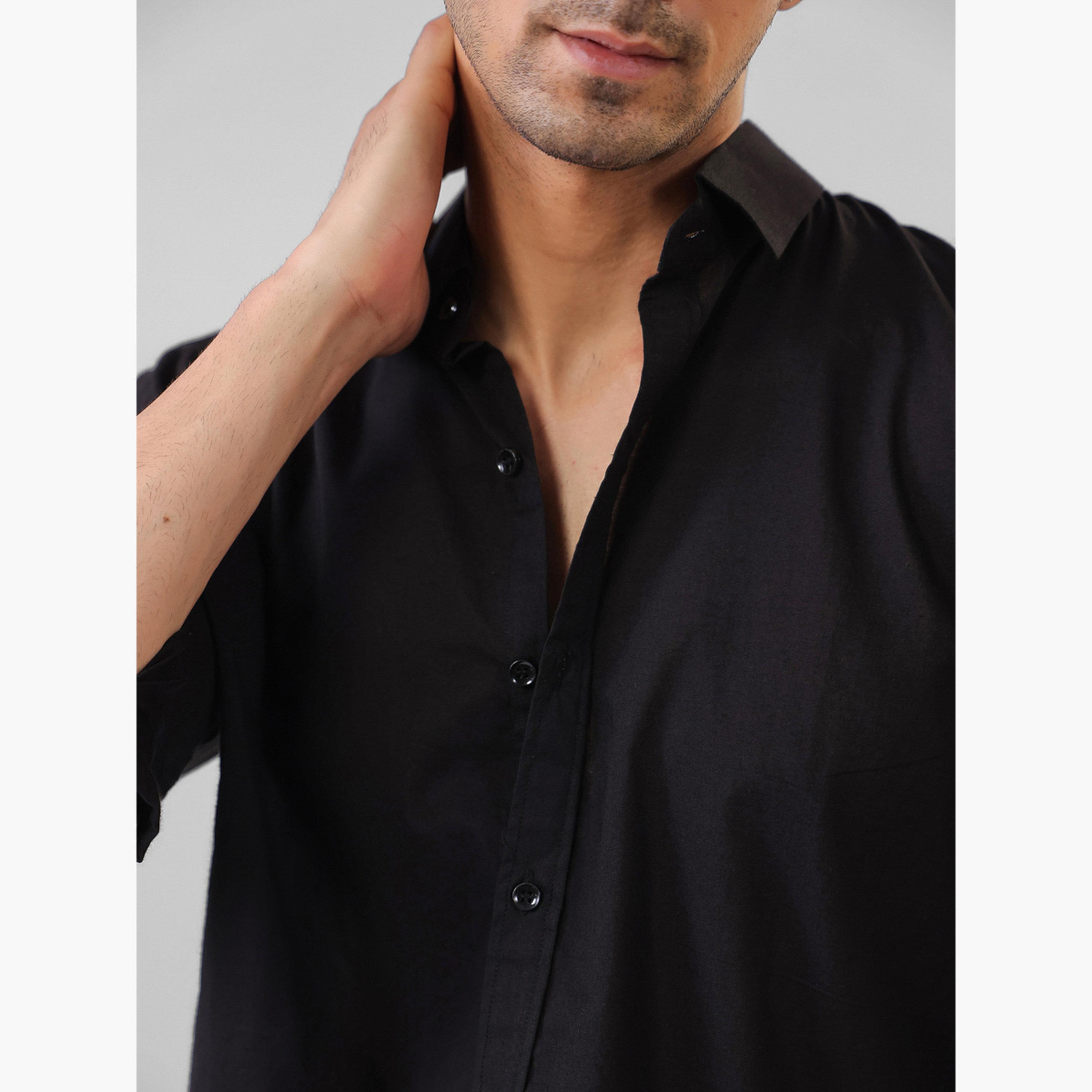 قميص قطن سادة بقصة مريحة للرجال-men-clothing-shirts-image-6