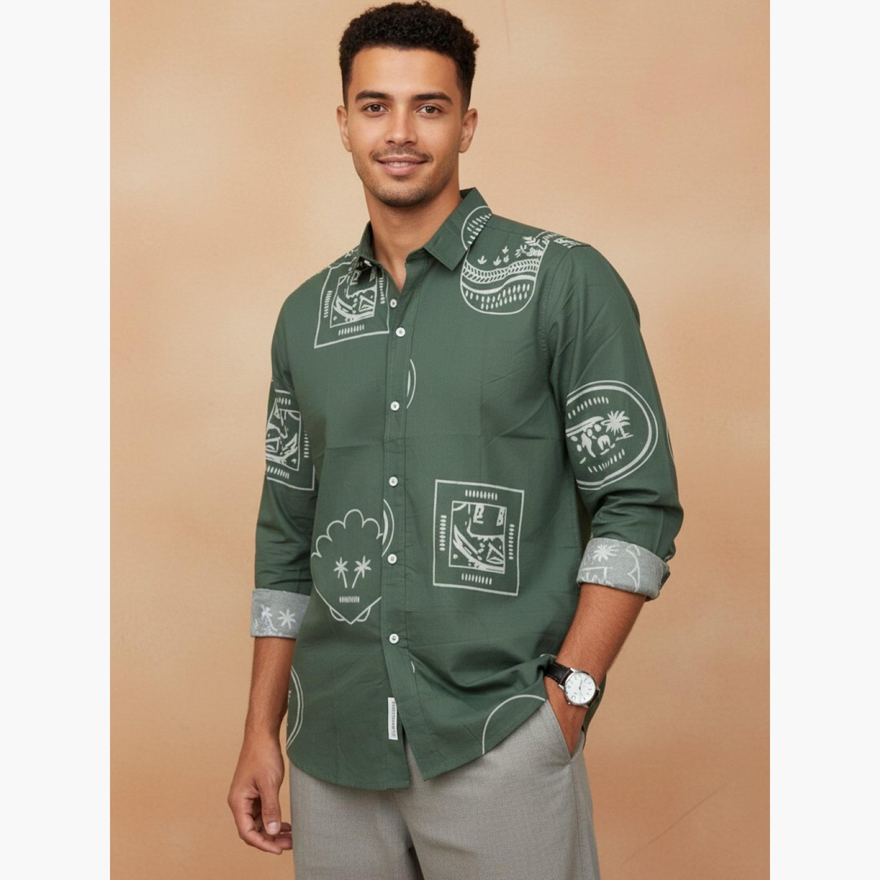 ترولوم & × ستايلي - قميص رجالي أخضر مطبوع من القطن بقصة عادية-men-clothing-shirts-image-1