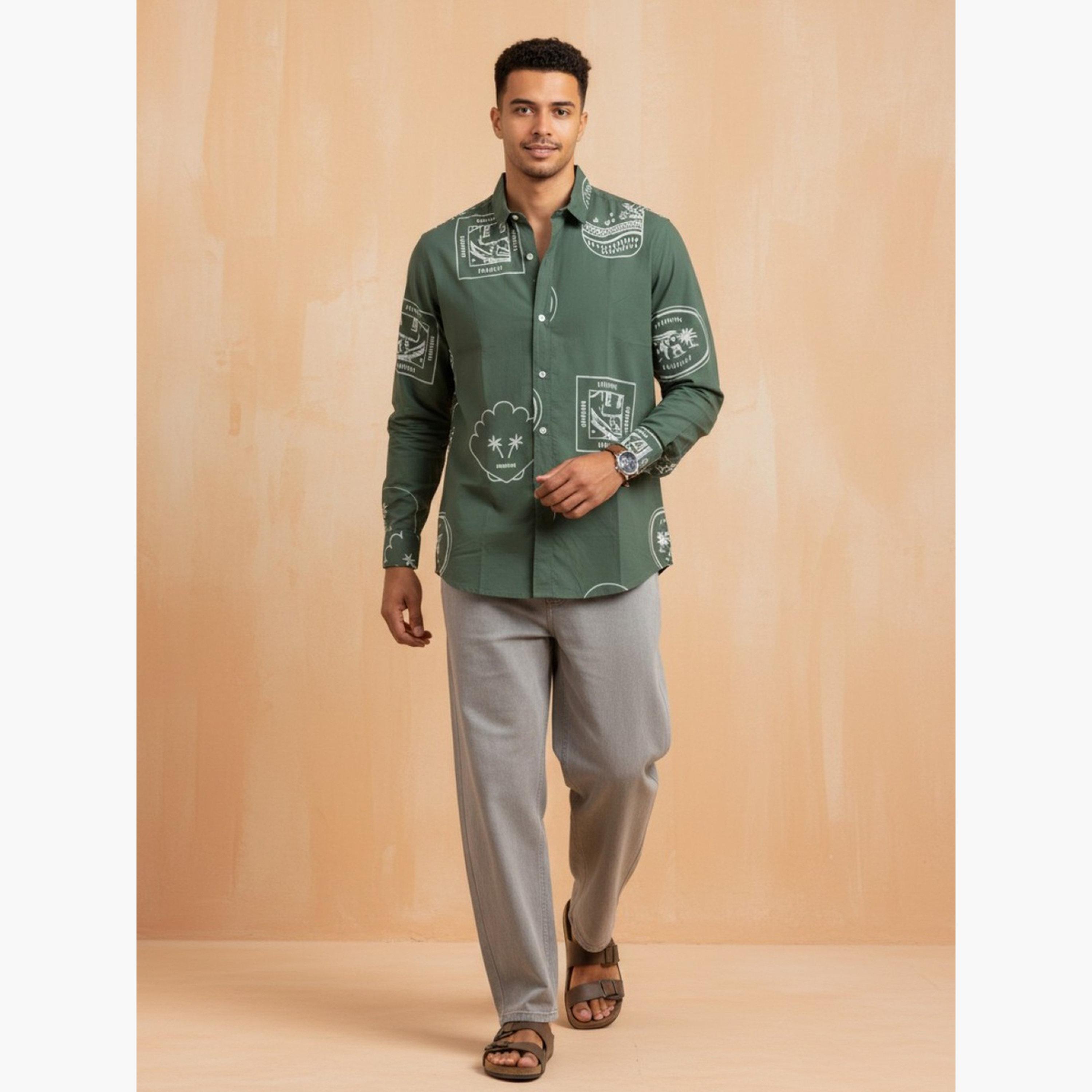 ترولوم & × ستايلي - قميص رجالي أخضر مطبوع من القطن بقصة عادية-men-clothing-shirts-image-2