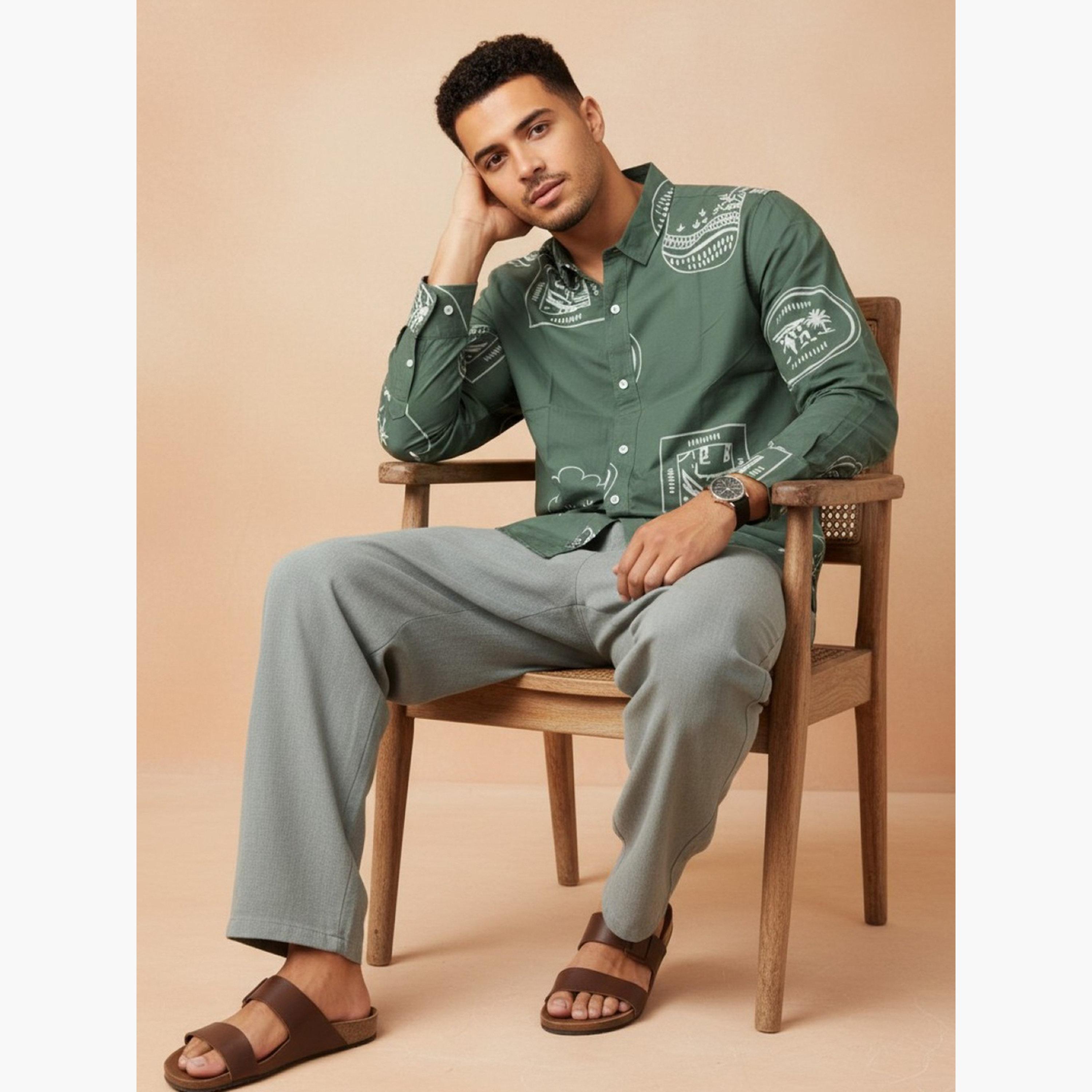 ترولوم & × ستايلي - قميص رجالي أخضر مطبوع من القطن بقصة عادية-men-clothing-shirts-image-3