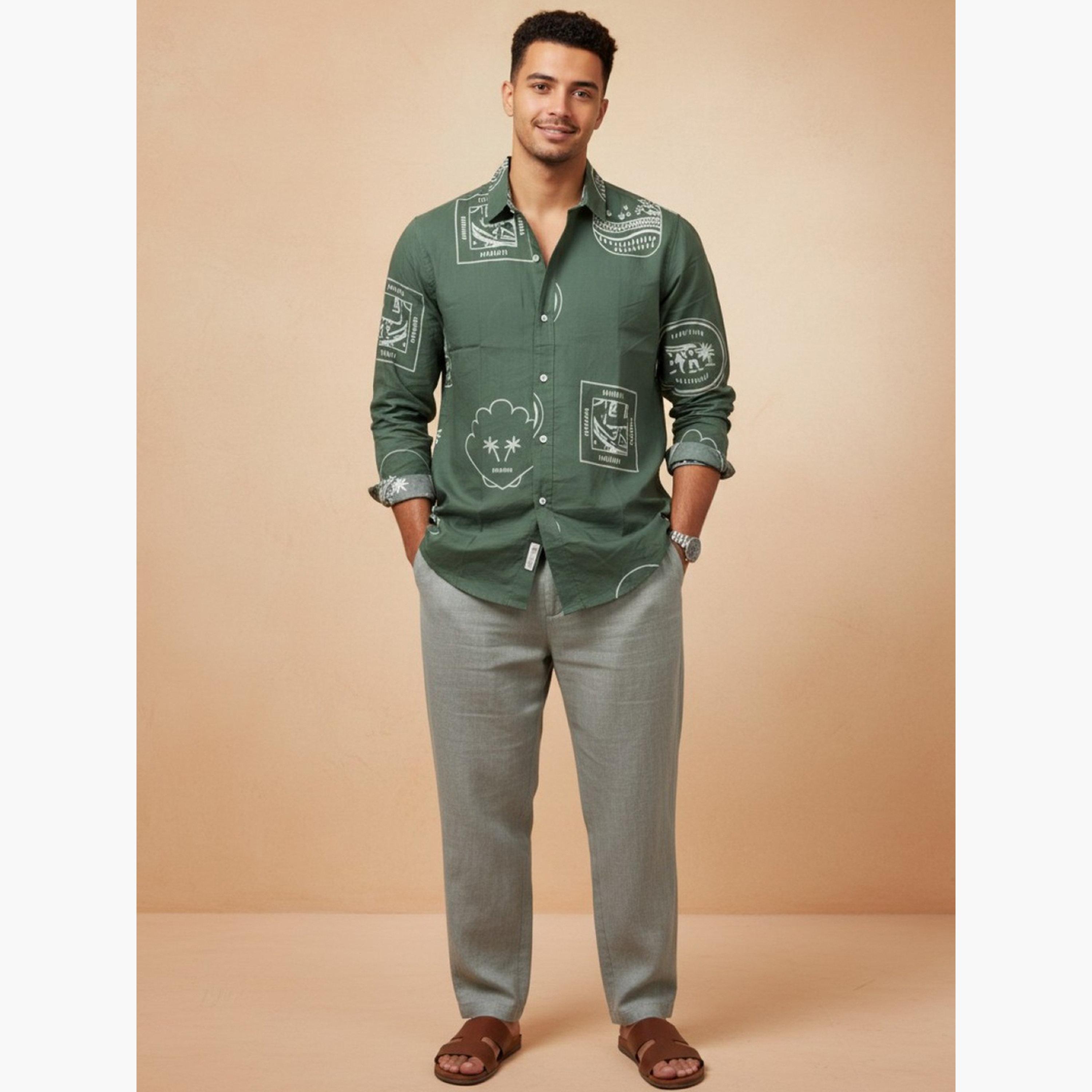 ترولوم & × ستايلي - قميص رجالي أخضر مطبوع من القطن بقصة عادية-men-clothing-shirts-image-4