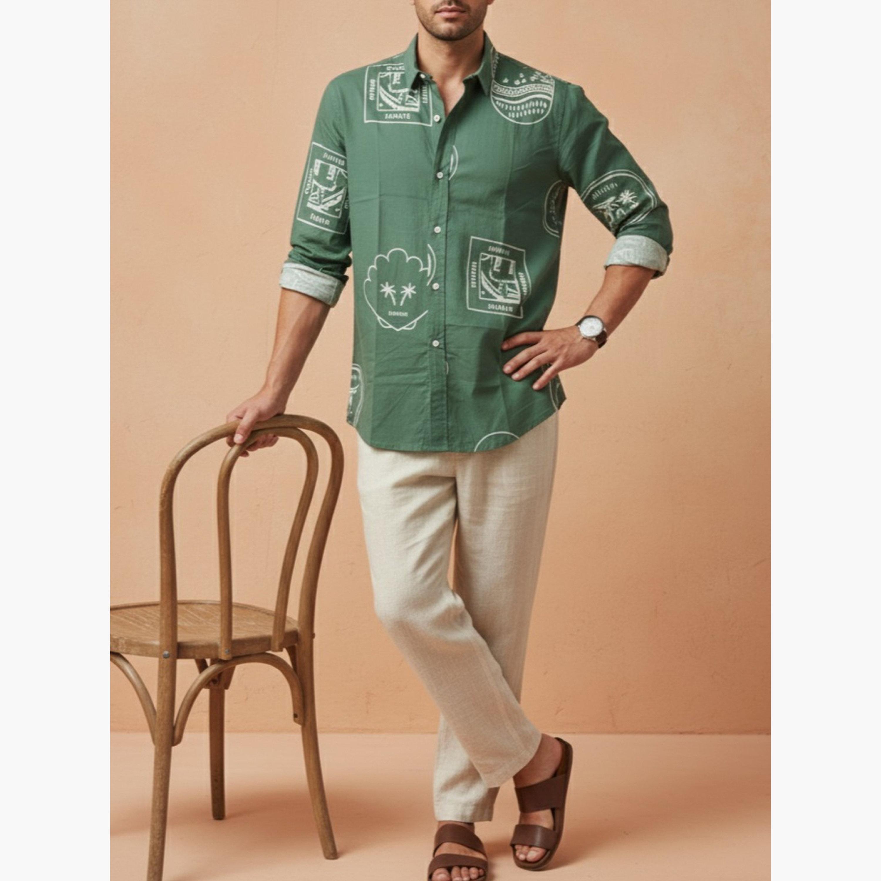 ترولوم & × ستايلي - قميص رجالي أخضر مطبوع من القطن بقصة عادية-men-clothing-shirts-image-5