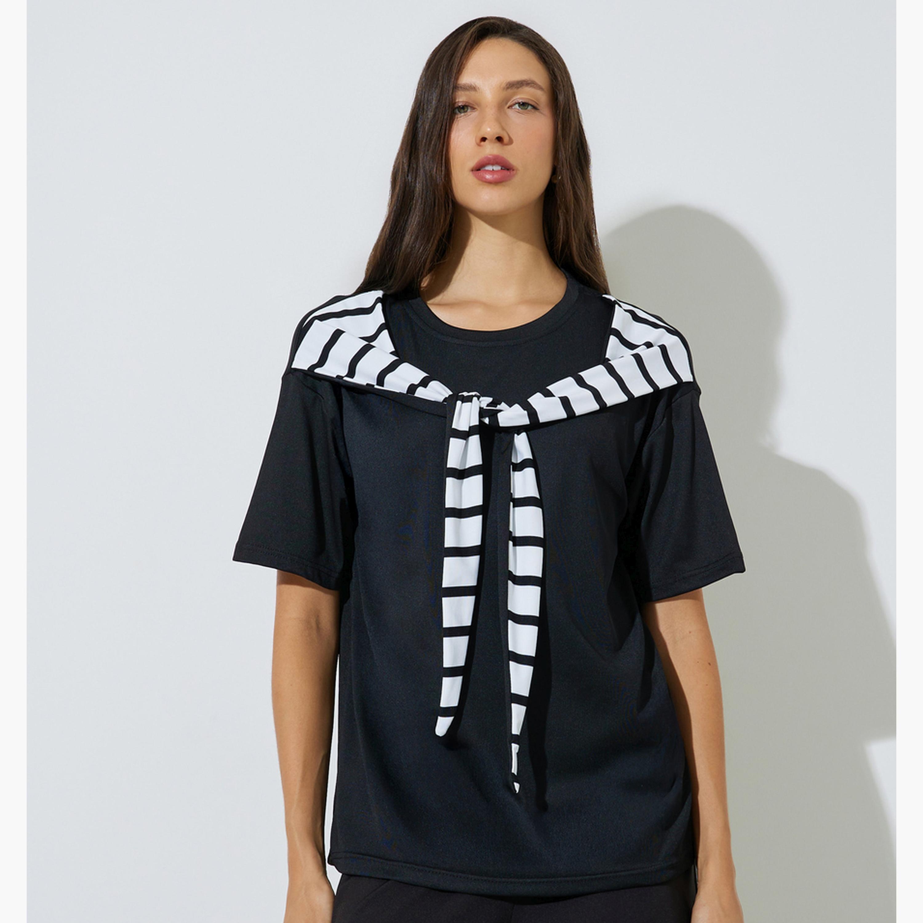Styli Black Striped Overlay Oversized Knit Top-women-clothing-shirtsandblouses-blouses-image-1