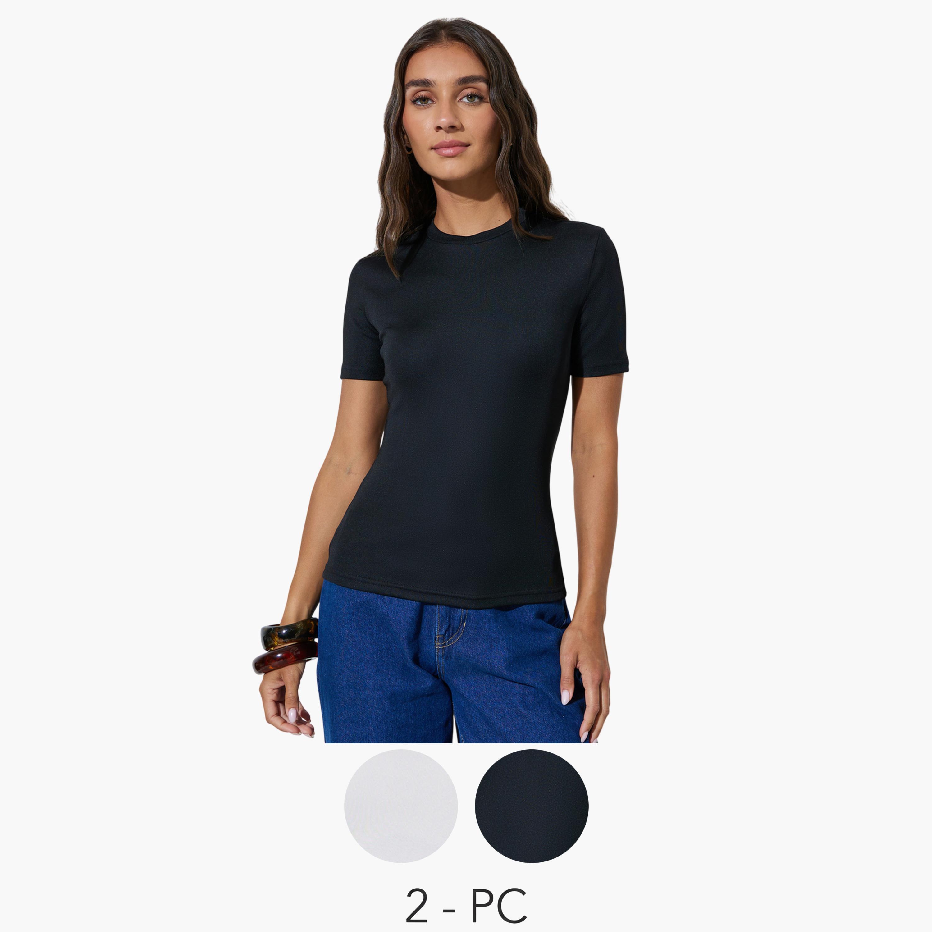 طقم من قطعتين بلوزة محبوكة أكمام قصيرة-women-clothing-tshirts-image-1