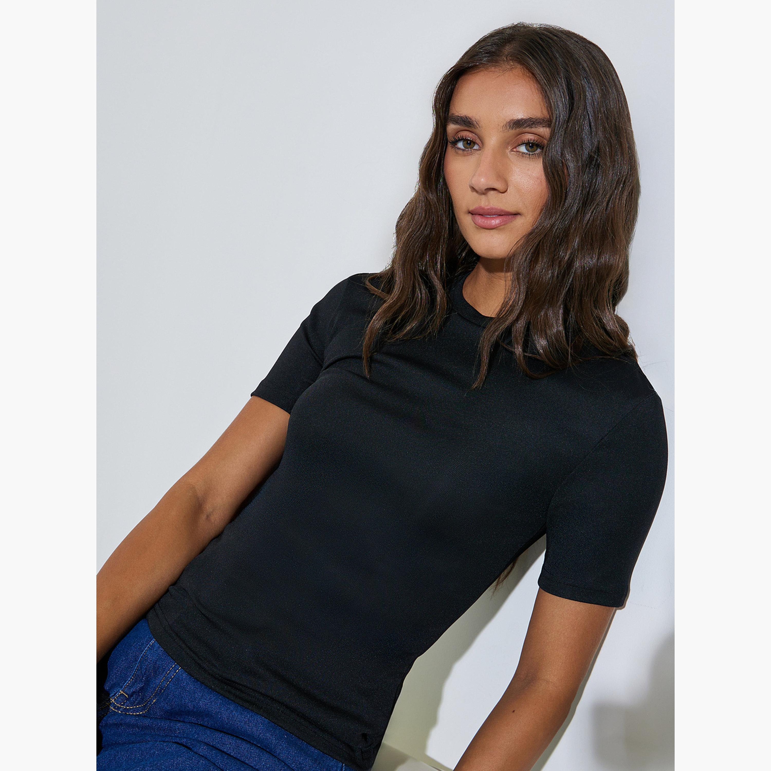 طقم من قطعتين بلوزة محبوكة أكمام قصيرة-women-clothing-tshirts-image-3