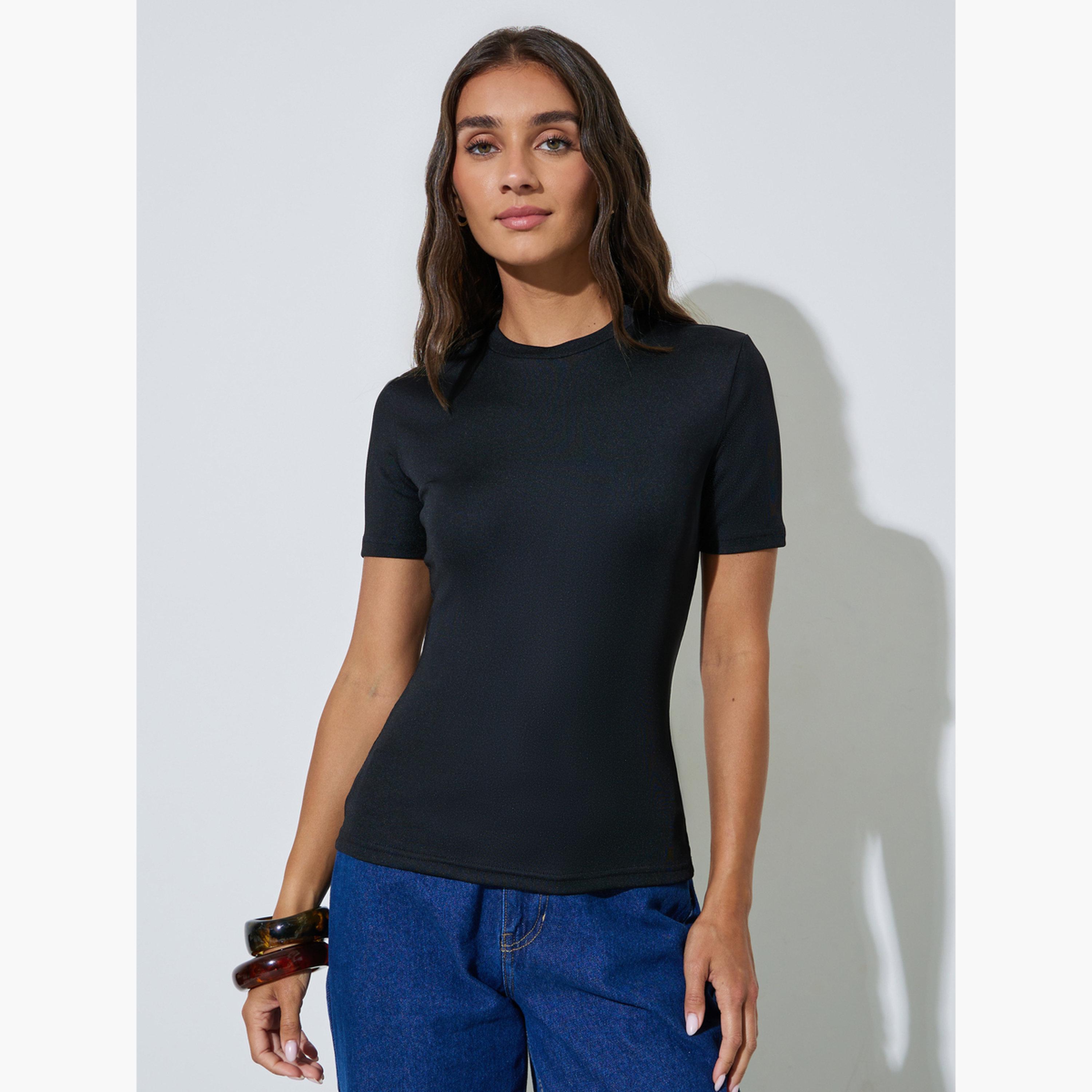 طقم من قطعتين بلوزة محبوكة أكمام قصيرة-women-clothing-tshirts-image-4