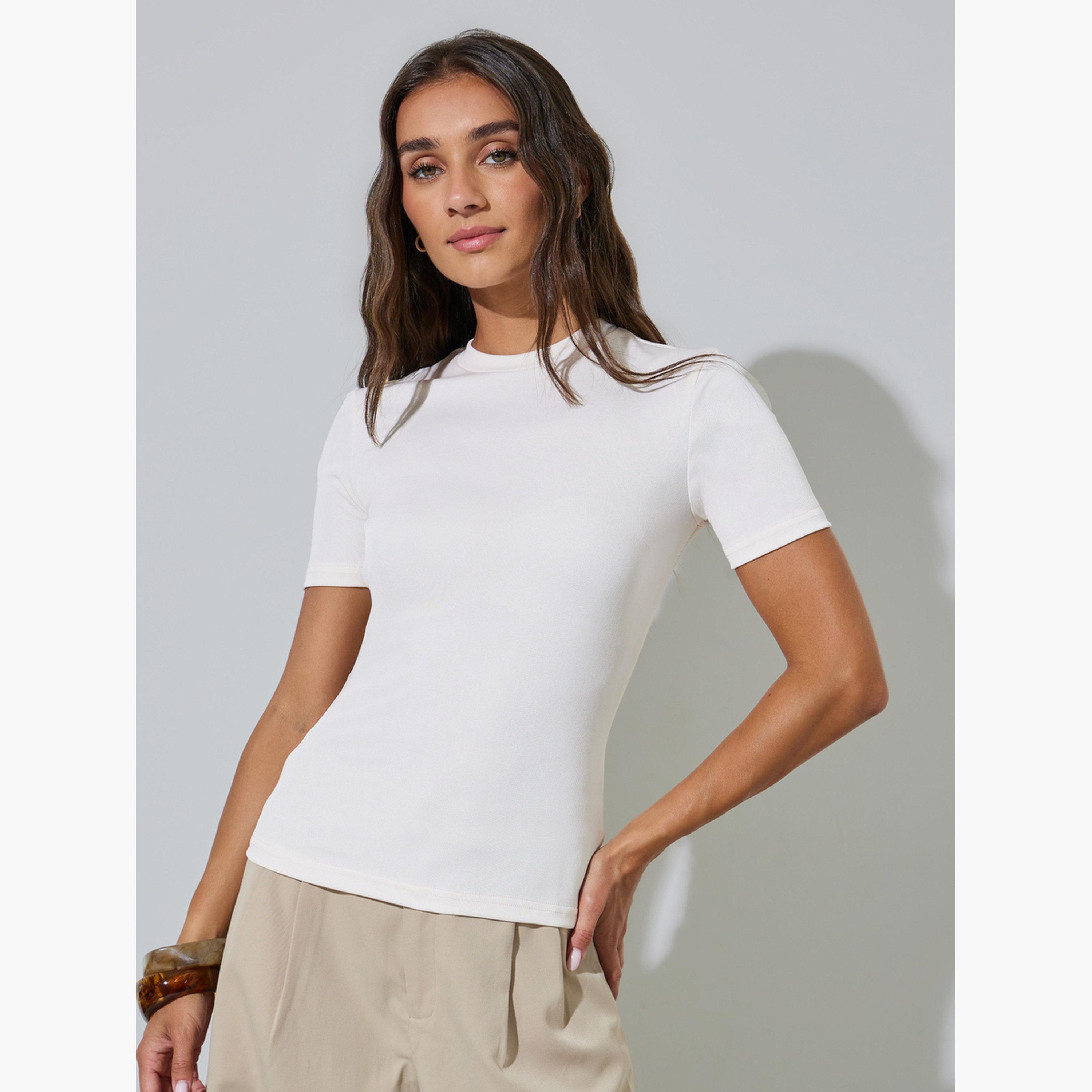 طقم من قطعتين بلوزة محبوكة أكمام قصيرة-women-clothing-tshirts-image-5