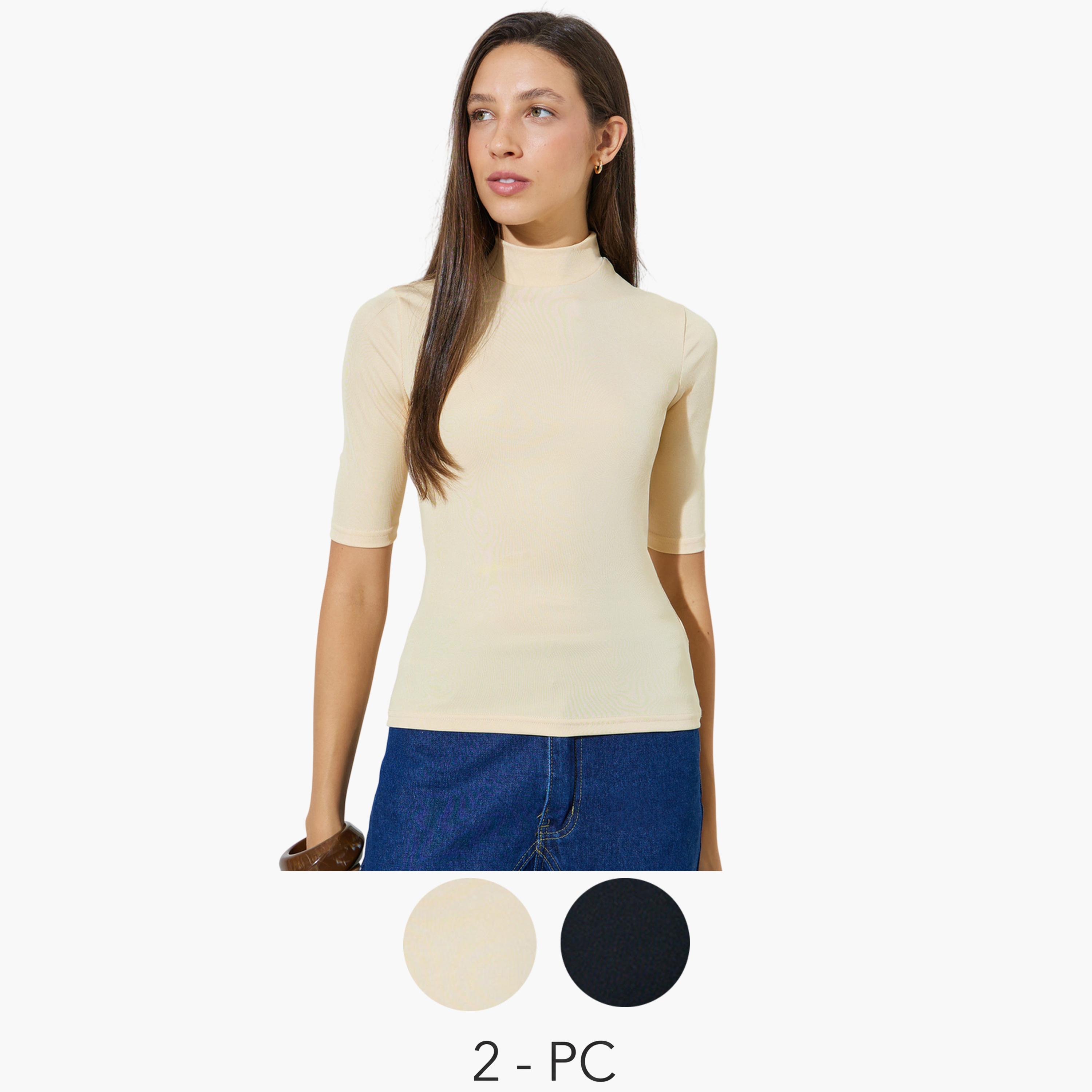 طقم من قطعتين بلوزة محبوكة ضيقة بياقة عالية وأكمام نصفية-women-clothing-tshirts-image-1