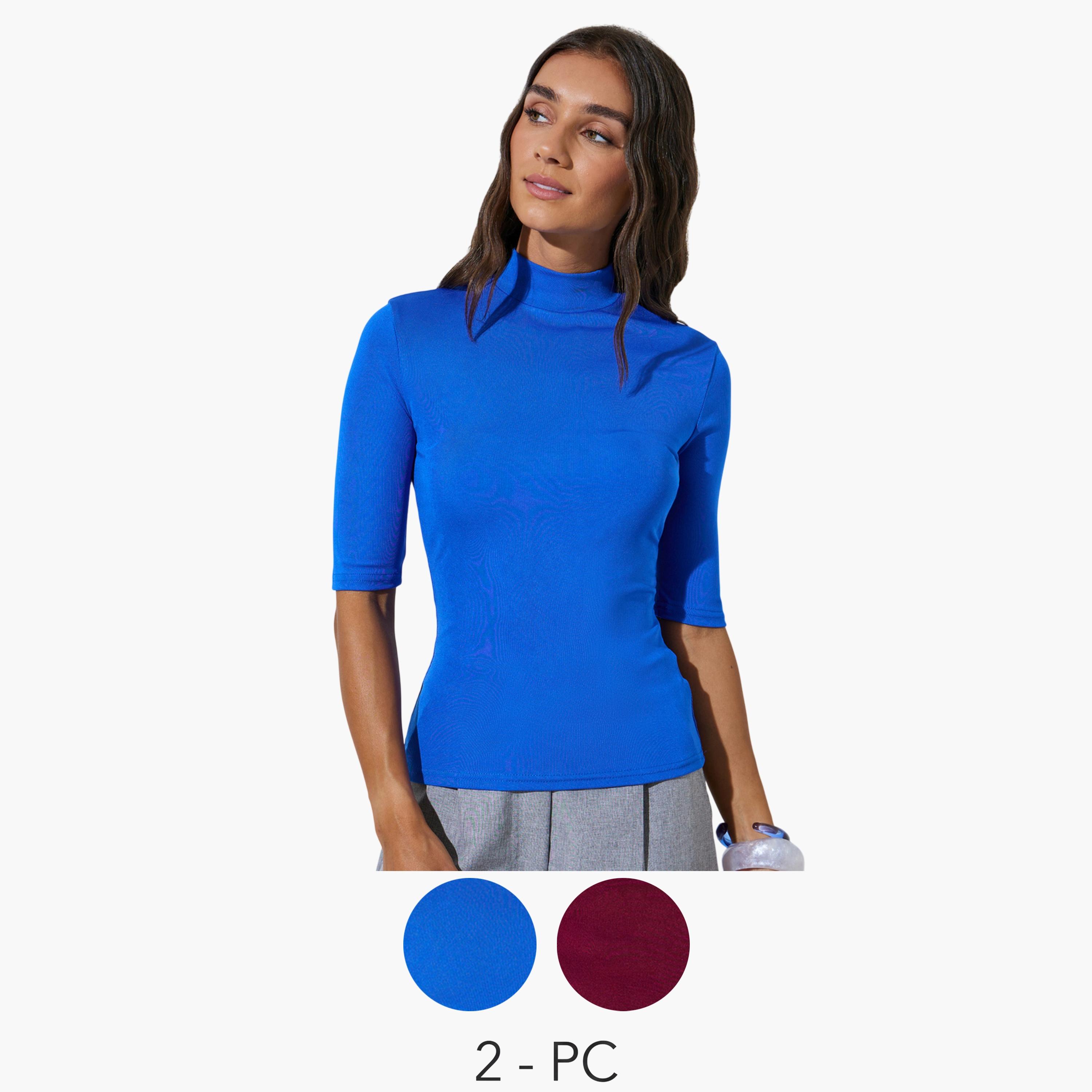 طقم من قطعتين بلوزة محبوكة أكمام متوسطة بياقة مرتفعة وقصة ضيقة-women-clothing-tshirts-image-1