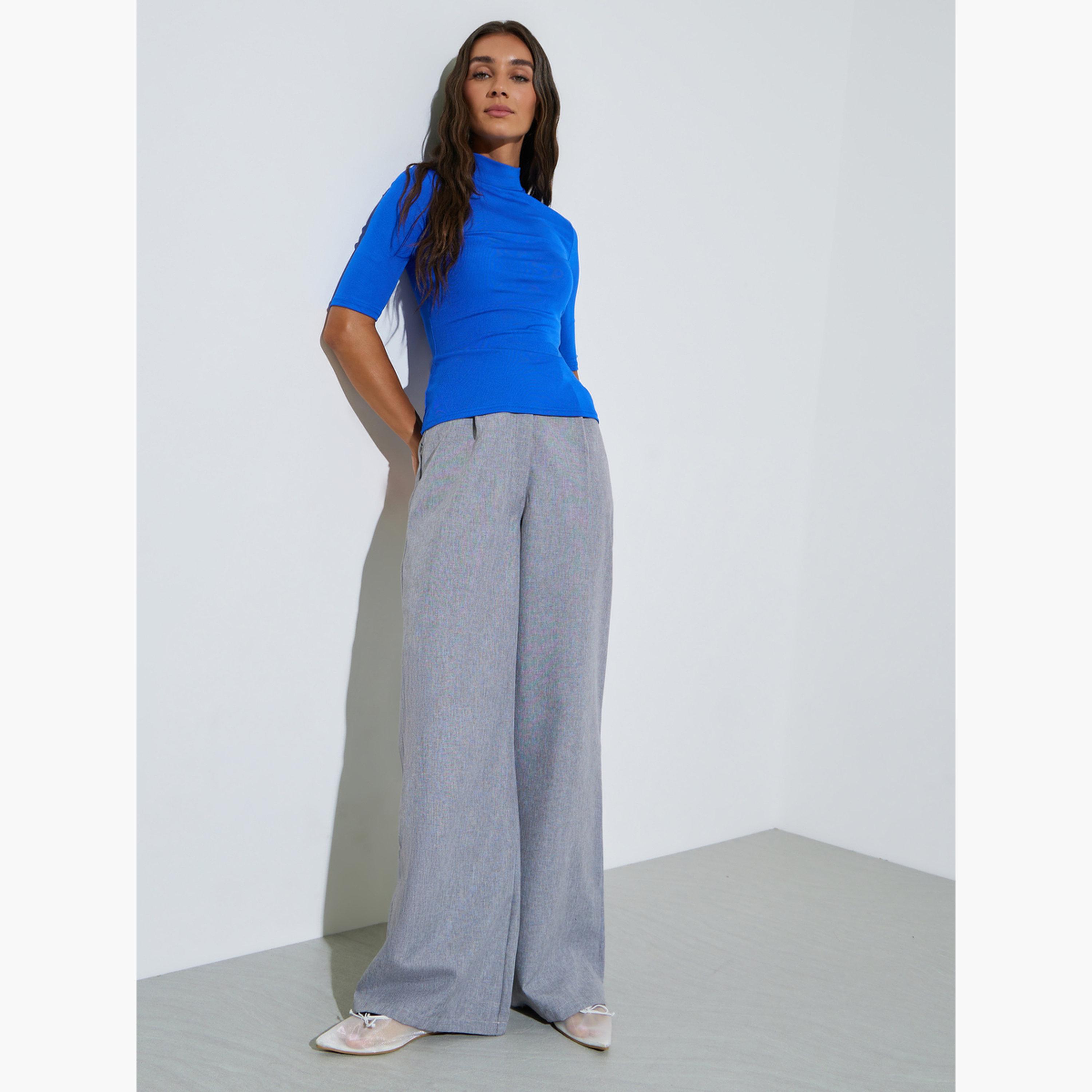 طقم من قطعتين بلوزة محبوكة أكمام متوسطة بياقة مرتفعة وقصة ضيقة-women-clothing-tshirts-image-3