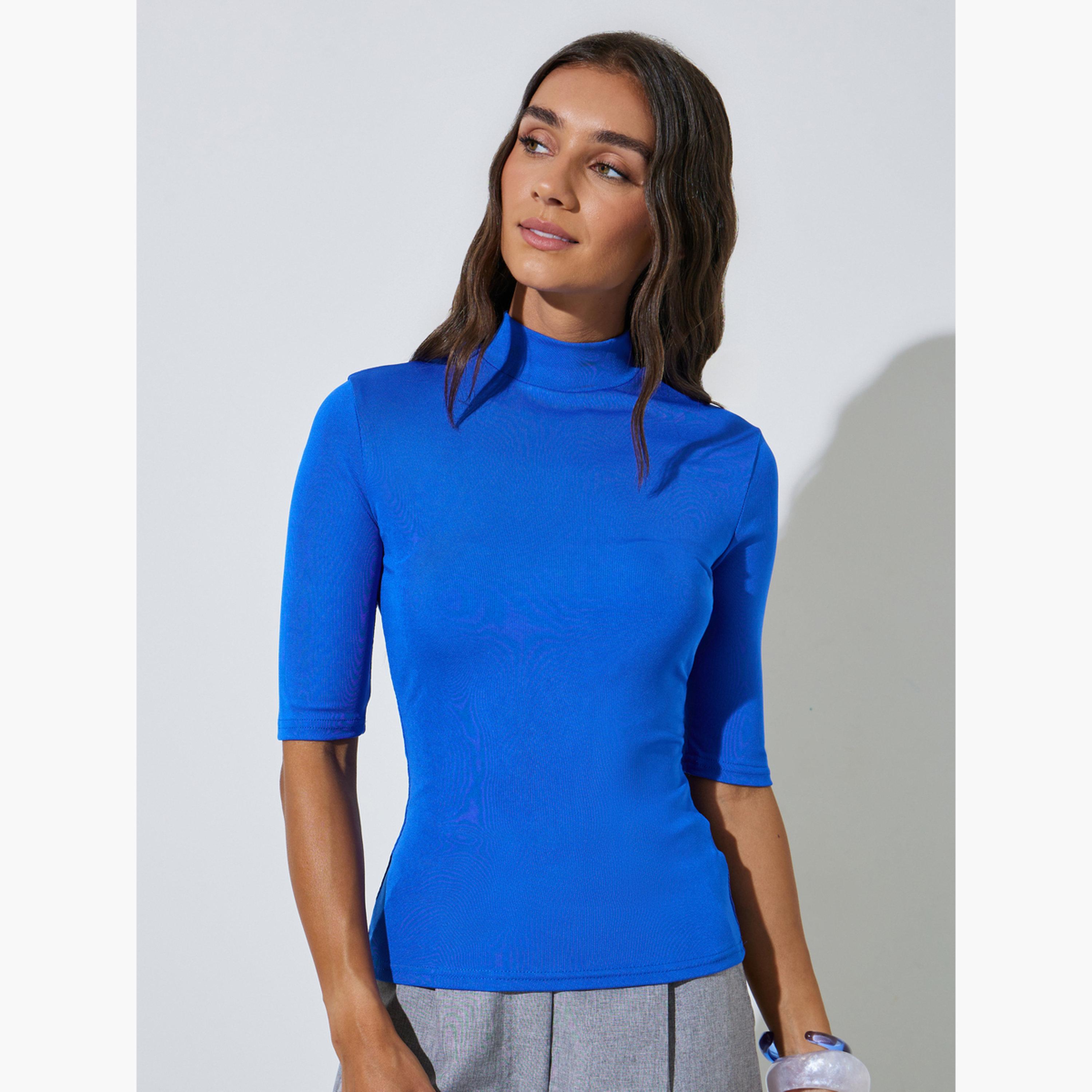 طقم من قطعتين بلوزة محبوكة أكمام متوسطة بياقة مرتفعة وقصة ضيقة-women-clothing-tshirts-image-4