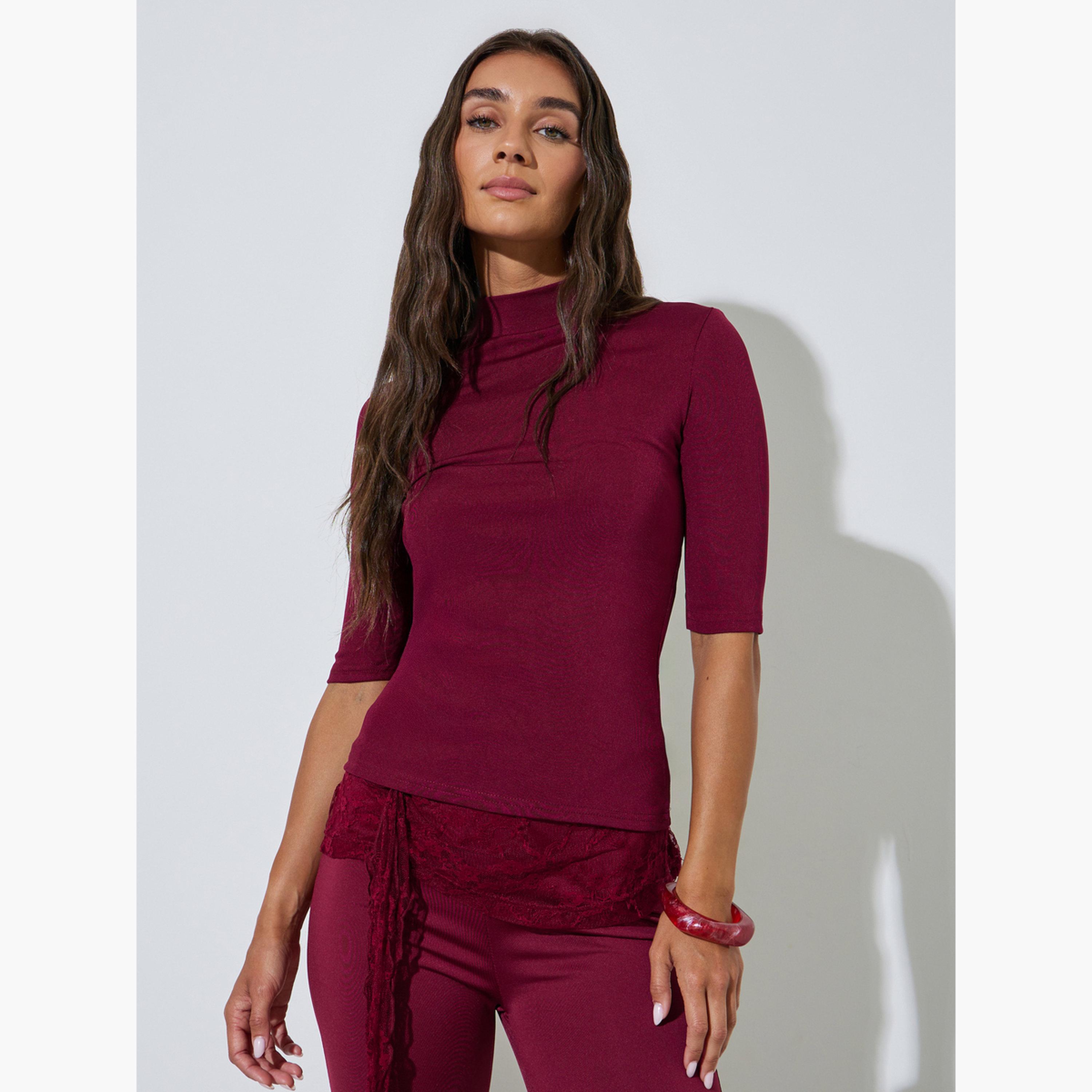 طقم من قطعتين بلوزة محبوكة أكمام متوسطة بياقة مرتفعة وقصة ضيقة-women-clothing-tshirts-image-5