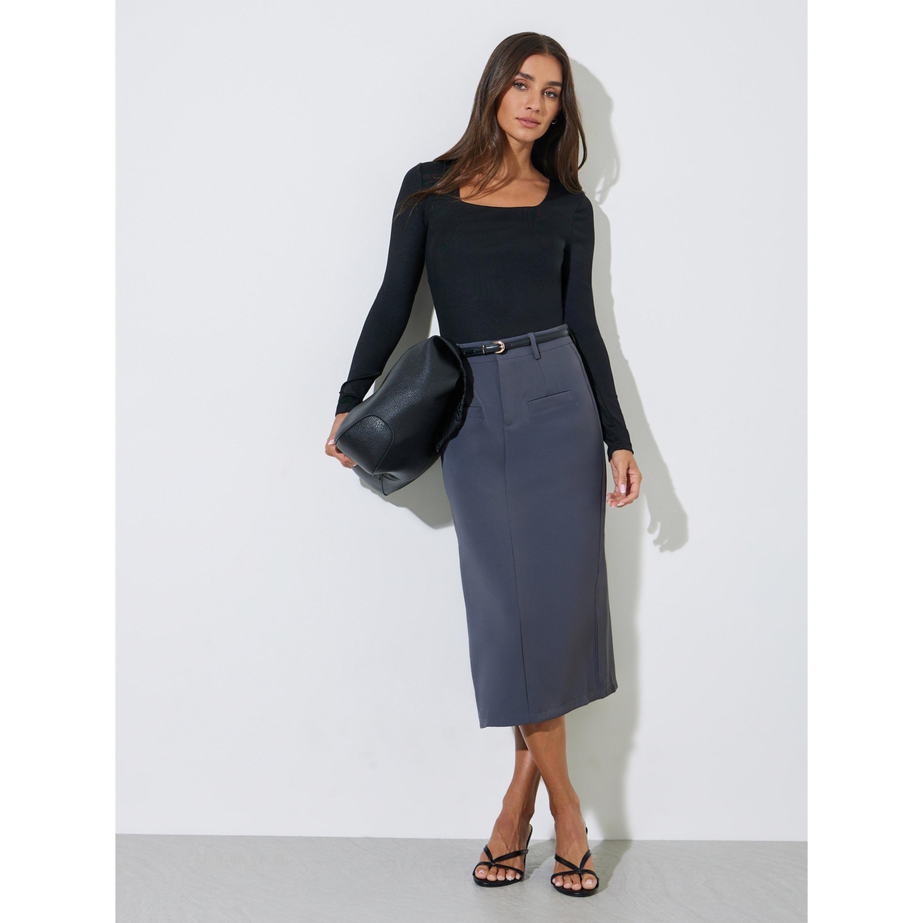 بلوزة محبوكة بأكمام طويلة وياقة مربعة سادة باللون الأسود-women-clothing-shirtsandblouses-blouses-image-2