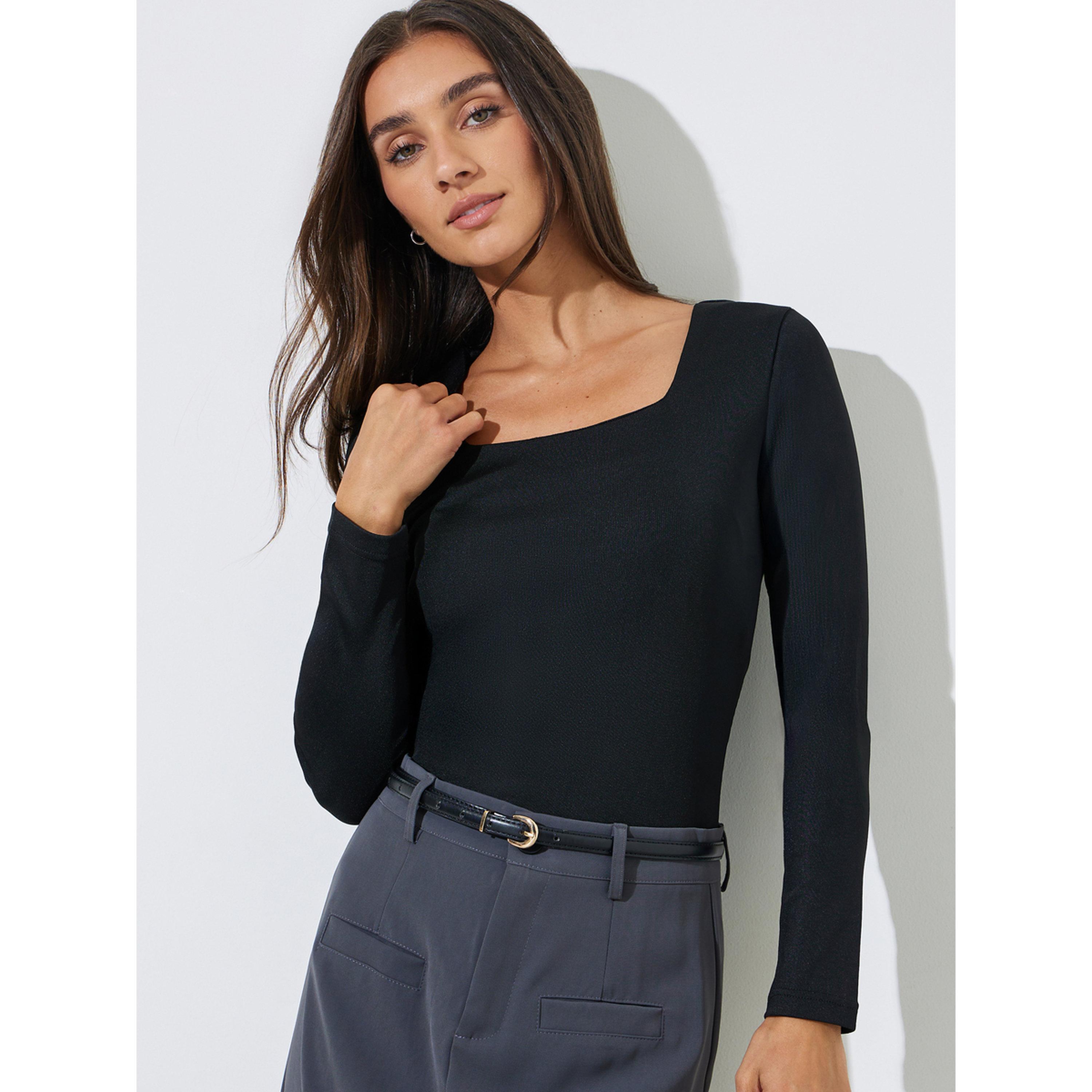 بلوزة محبوكة بأكمام طويلة وياقة مربعة سادة باللون الأسود-women-clothing-shirtsandblouses-blouses-image-3