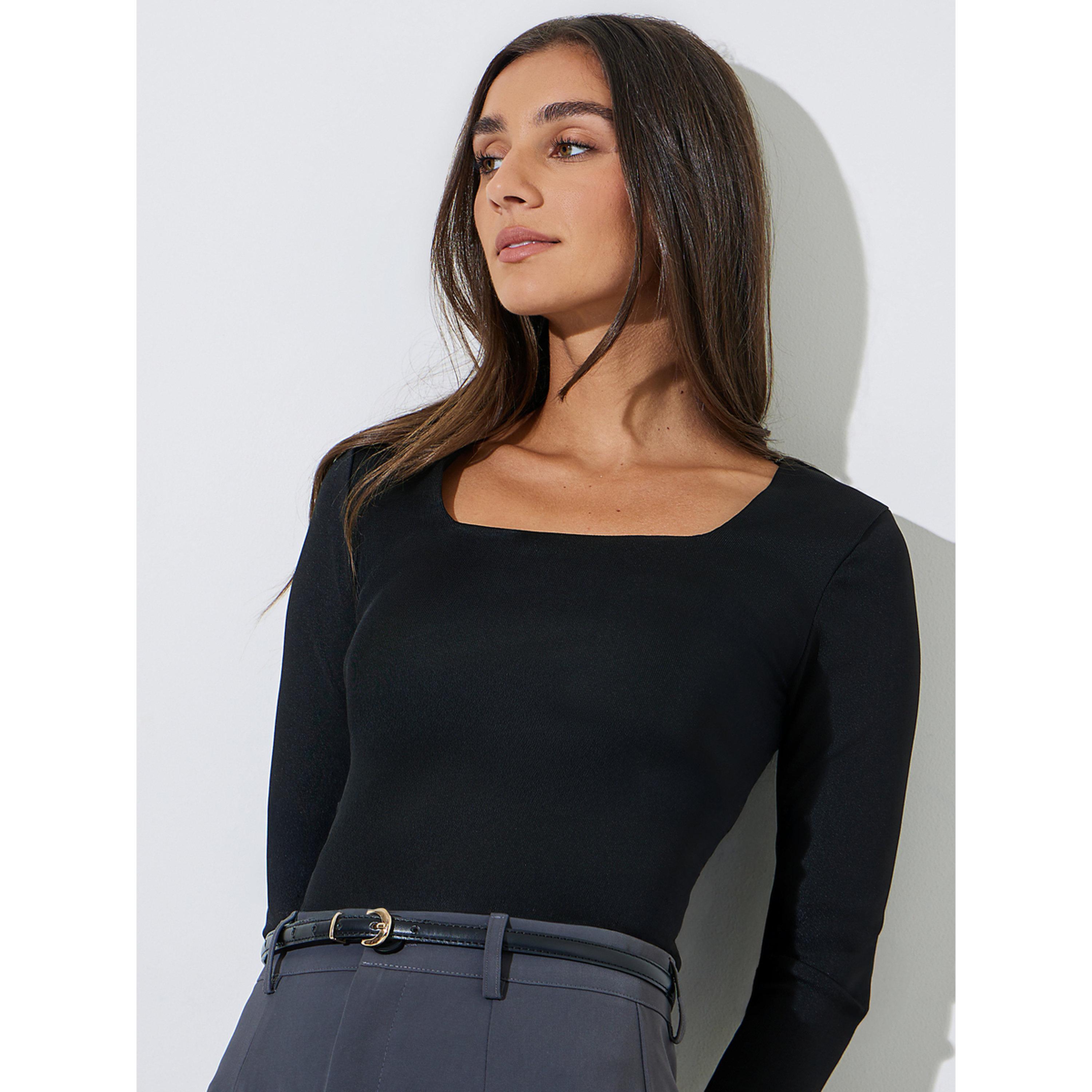 بلوزة محبوكة بأكمام طويلة وياقة مربعة سادة باللون الأسود-women-clothing-shirtsandblouses-blouses-image-4