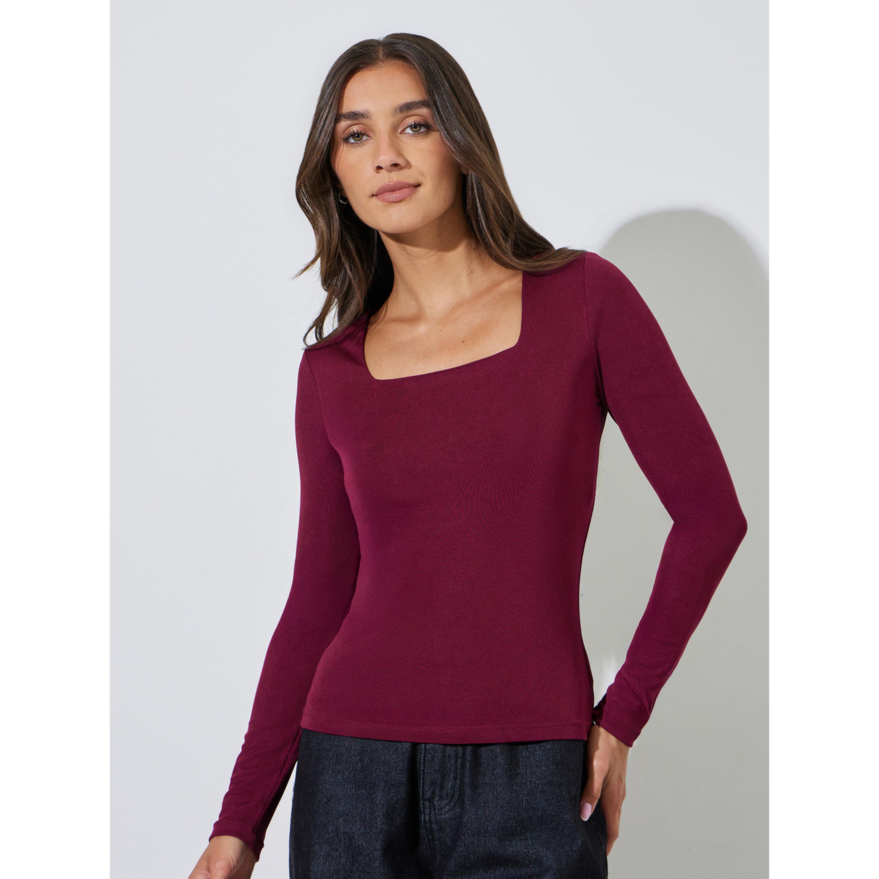 بلوزة محبوكة بأكمام طويلة وياقة مربعة سادة باللون البرغندي-women-clothing-shirtsandblouses-blouses-image-1