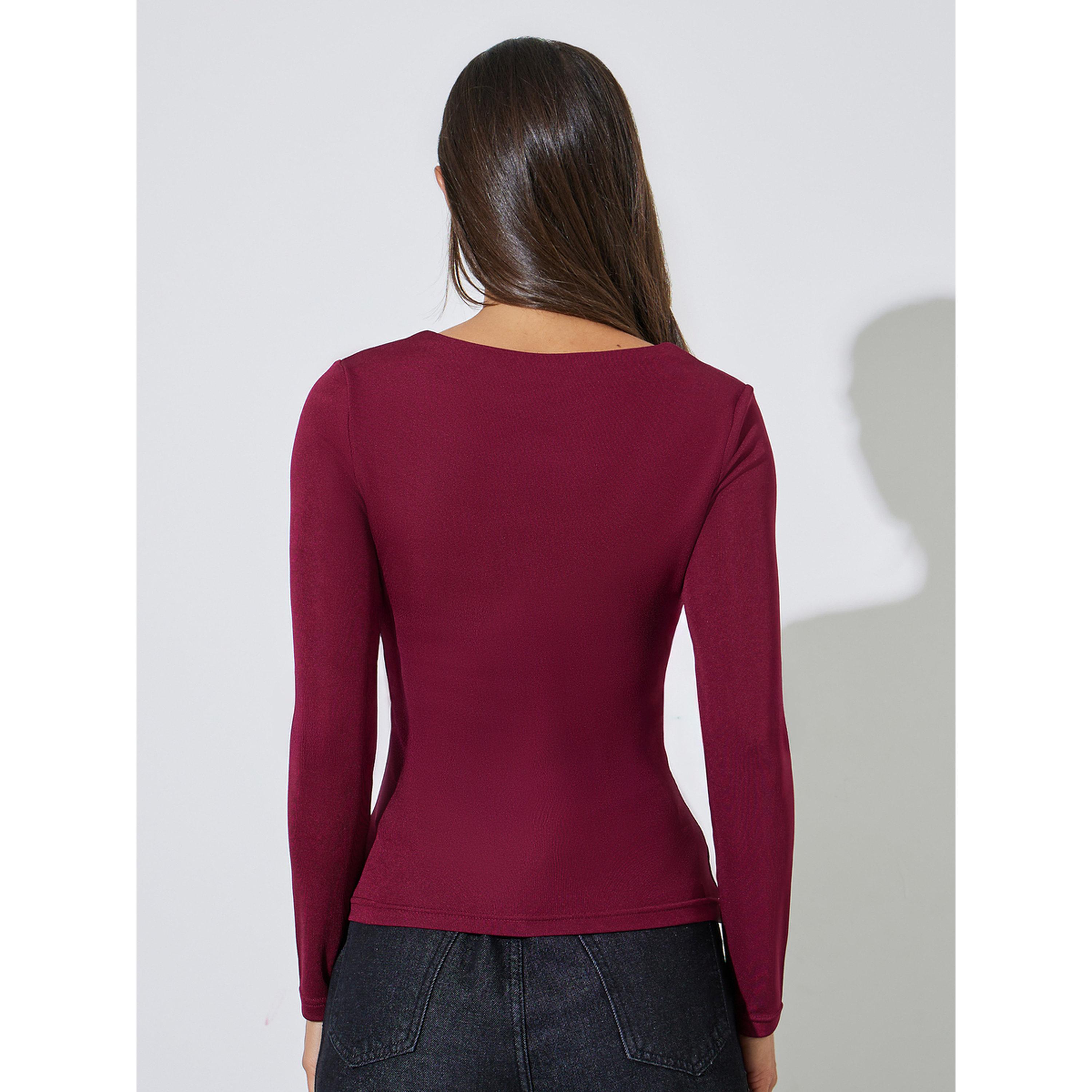بلوزة محبوكة بأكمام طويلة وياقة مربعة سادة باللون البرغندي-women-clothing-shirtsandblouses-blouses-image-3