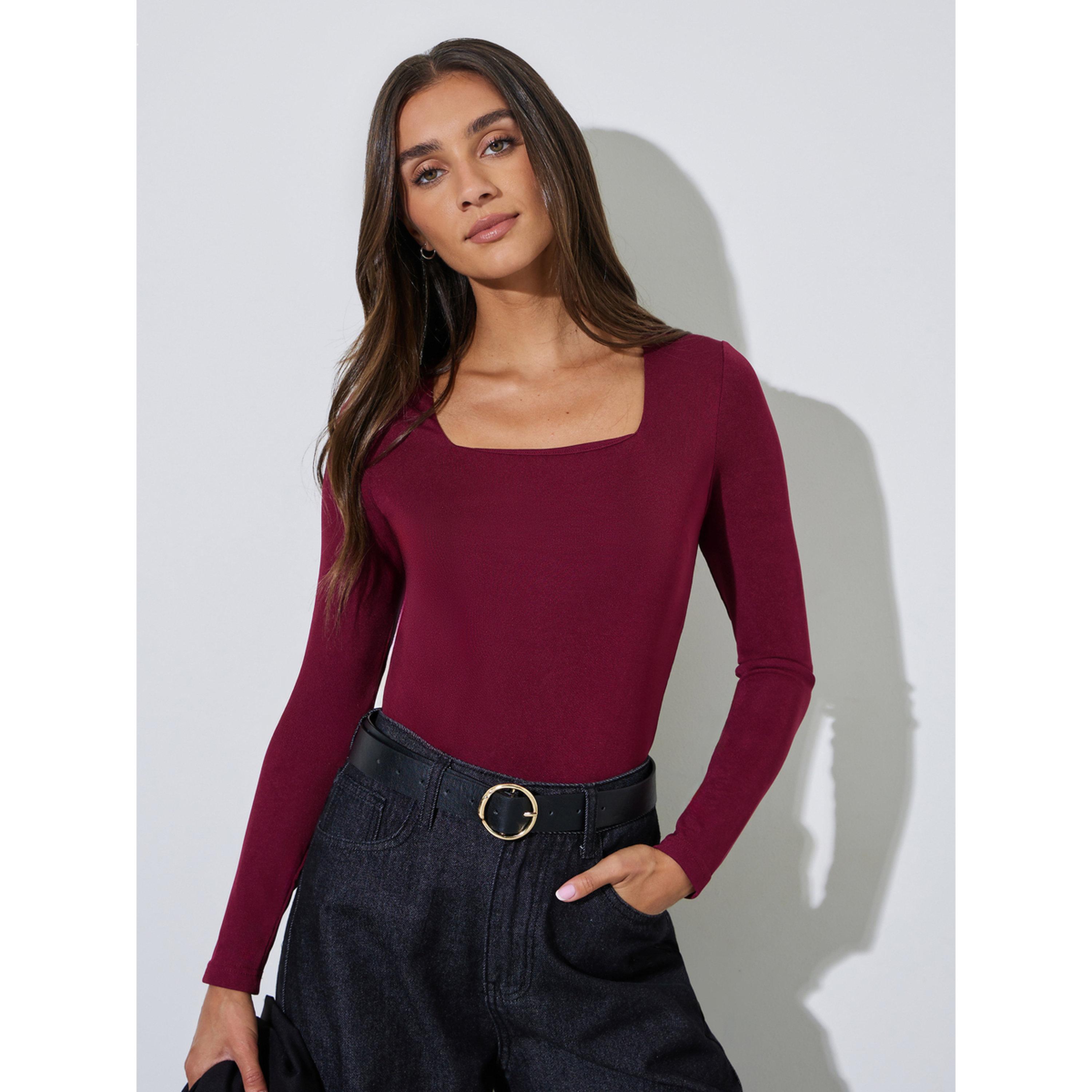 بلوزة محبوكة بأكمام طويلة وياقة مربعة سادة باللون البرغندي-women-clothing-shirtsandblouses-blouses-image-4