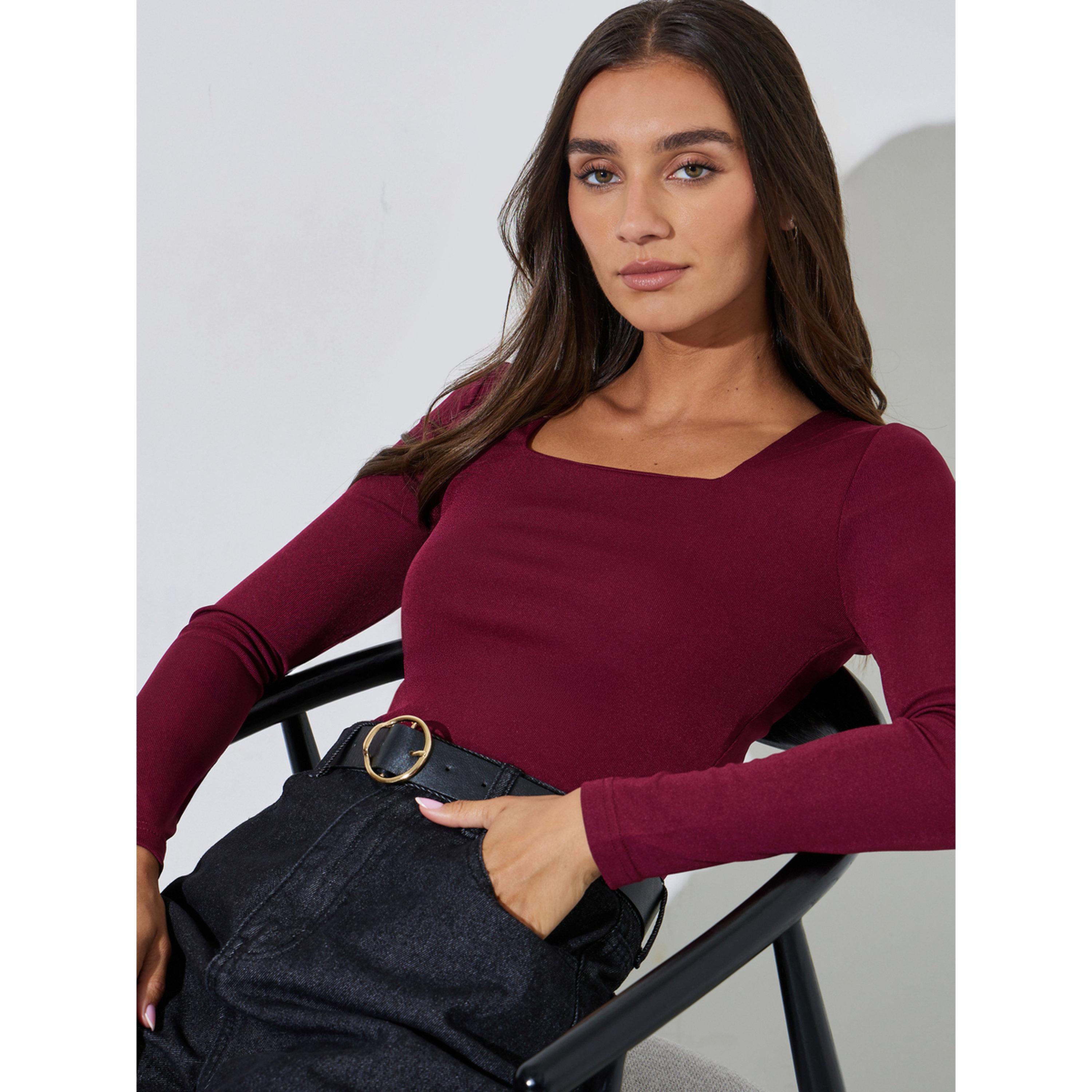 بلوزة محبوكة بأكمام طويلة وياقة مربعة سادة باللون البرغندي-women-clothing-shirtsandblouses-blouses-image-6