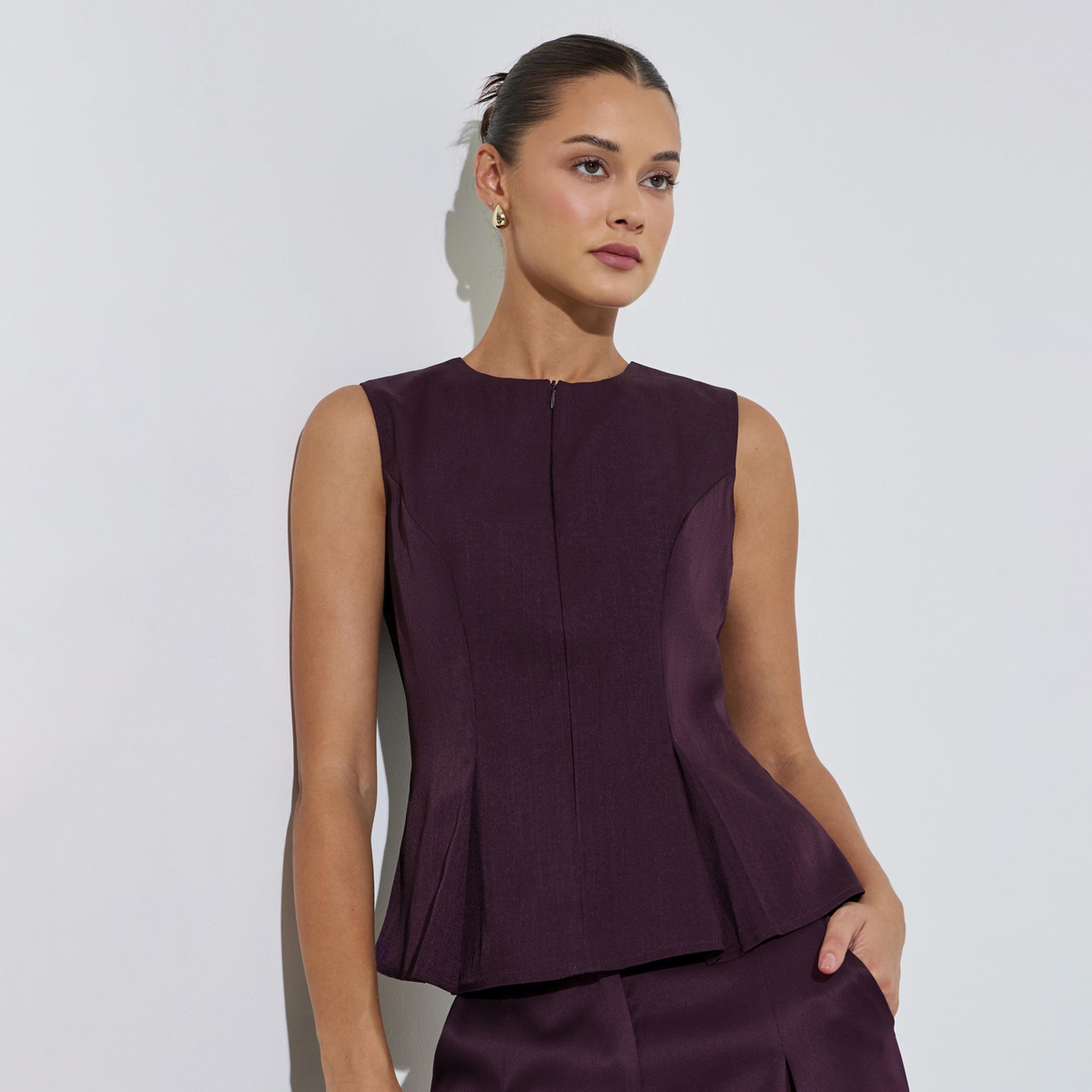 Styli Purple Front Zip Sleeveless Peplum Top-women-clothing-shirtsandblouses-blouses-image-1