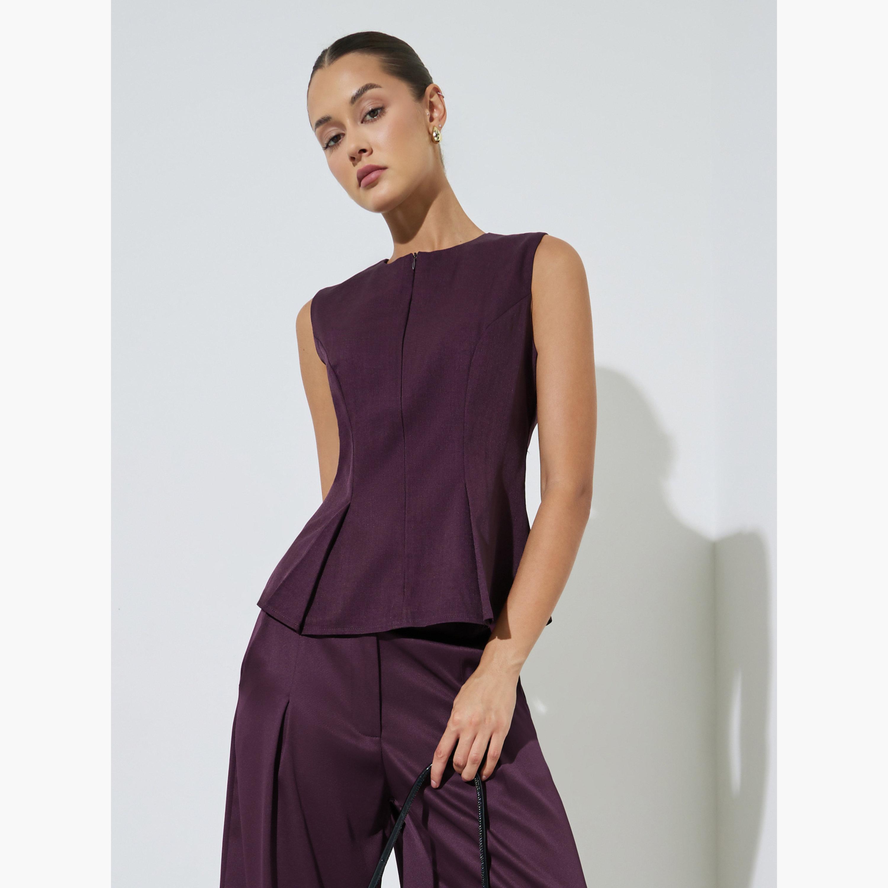 Styli Purple Front Zip Sleeveless Peplum Top-women-clothing-shirtsandblouses-blouses-image-3