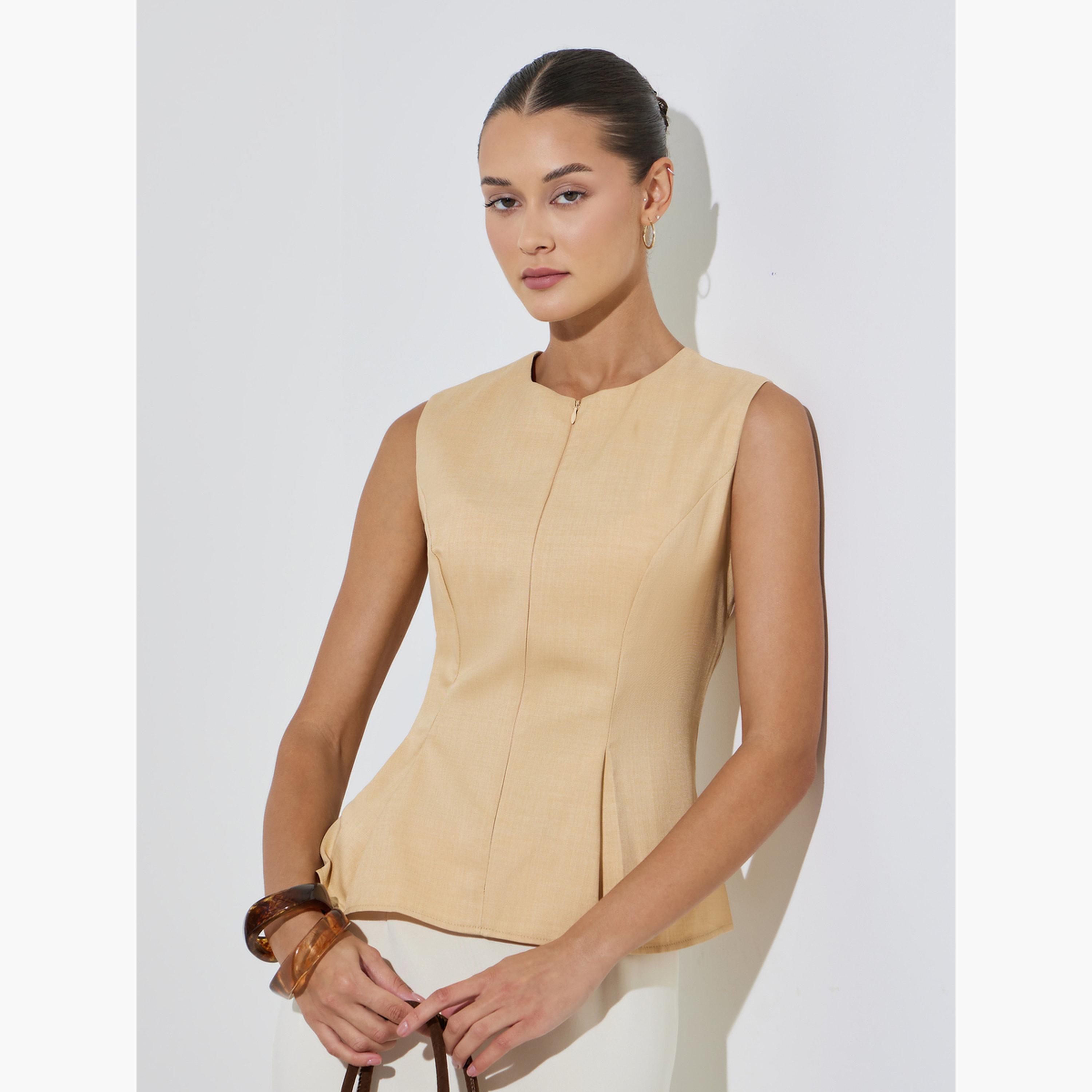 بلوزة بلا أكمام بحافة بيبلوم وسحاب أمامي-women-clothing-shirtsandblouses-blouses-image-1