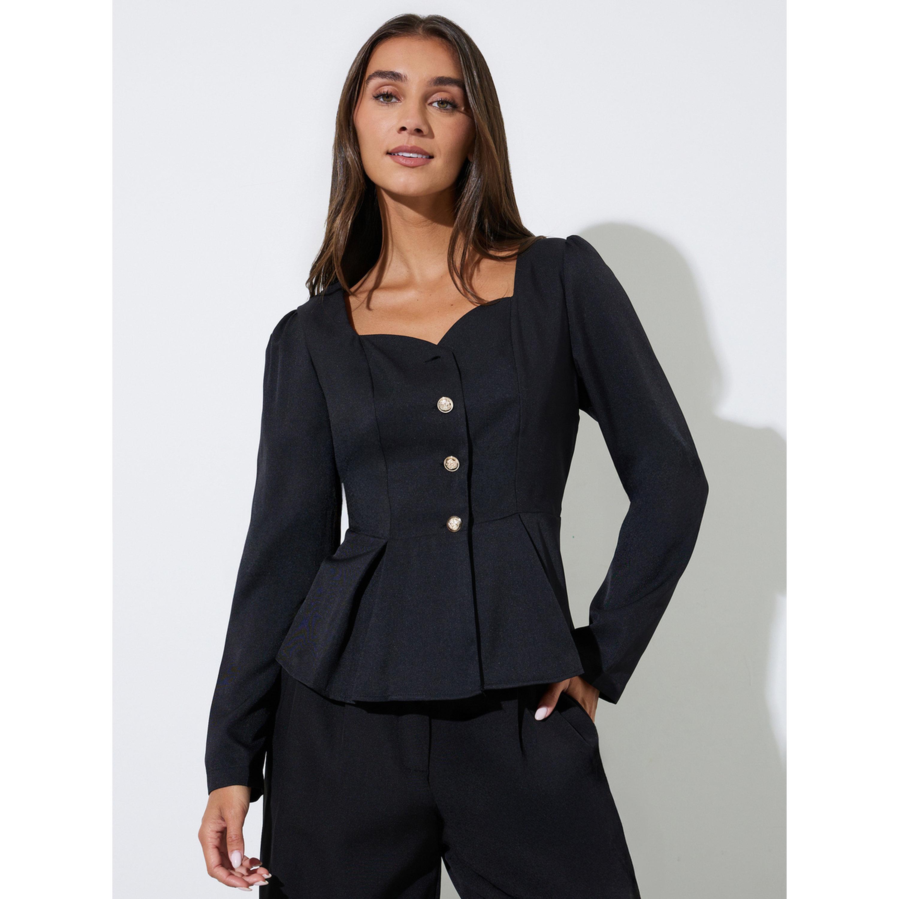 Styli Black Solid Pleated Detail Sweetheart Neck Peplum Top-women-clothing-shirtsandblouses-blouses-image-1