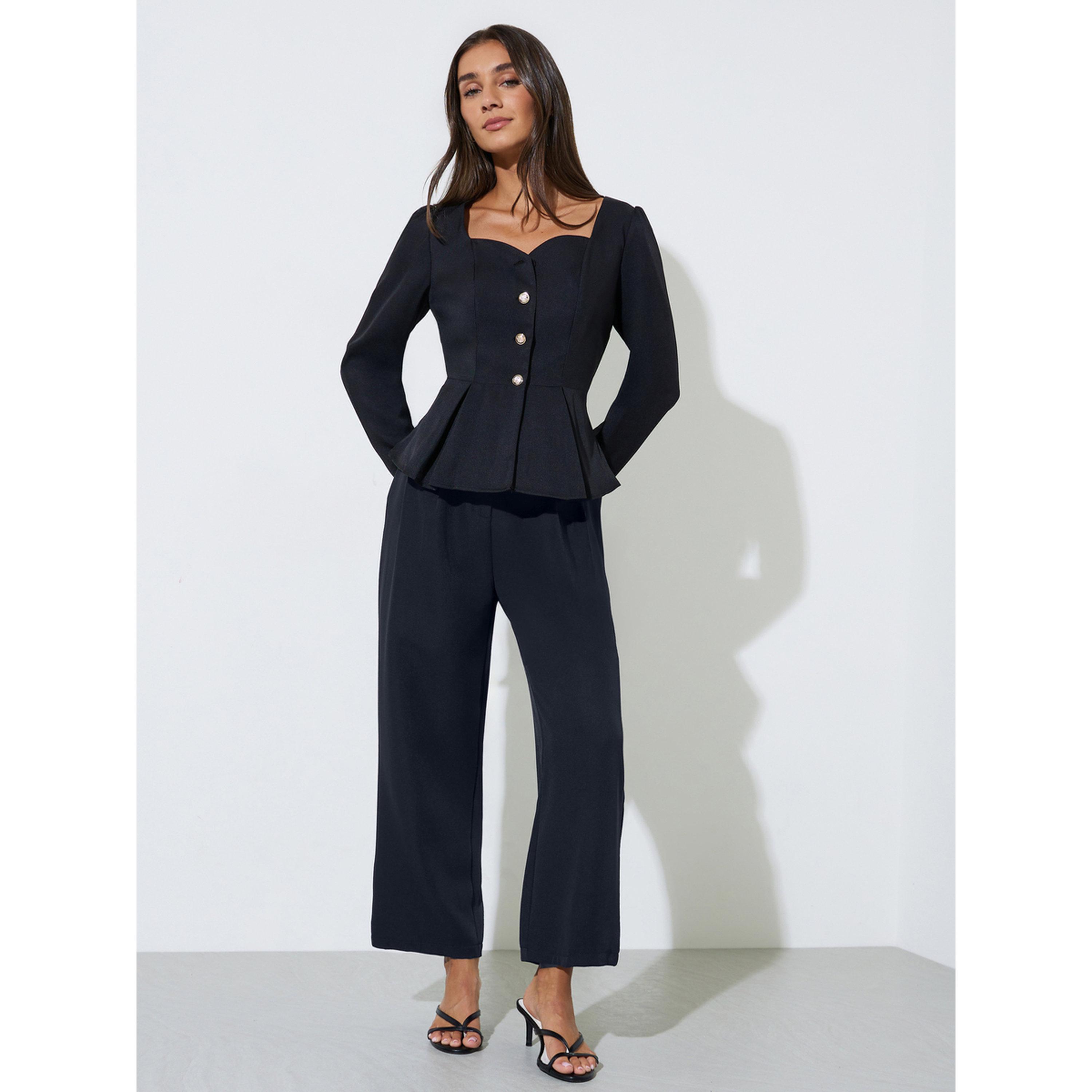 Styli Black Solid Pleated Detail Sweetheart Neck Peplum Top-women-clothing-shirtsandblouses-blouses-image-2