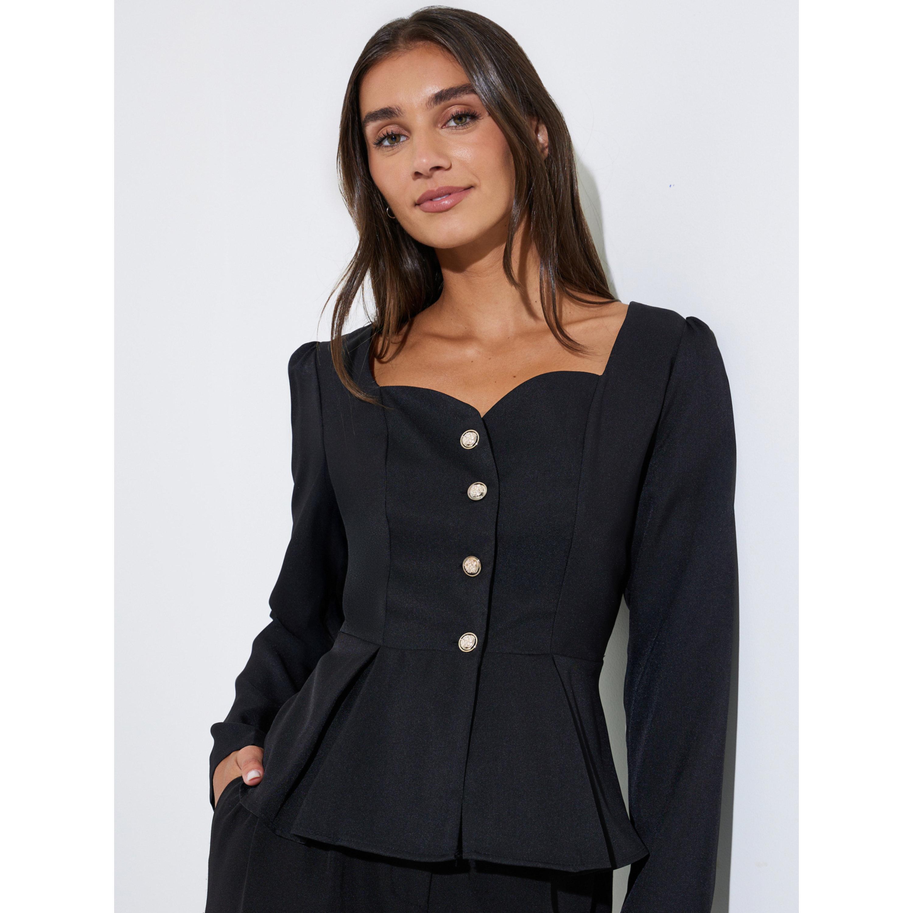 Styli Black Solid Pleated Detail Sweetheart Neck Peplum Top-women-clothing-shirtsandblouses-blouses-image-3