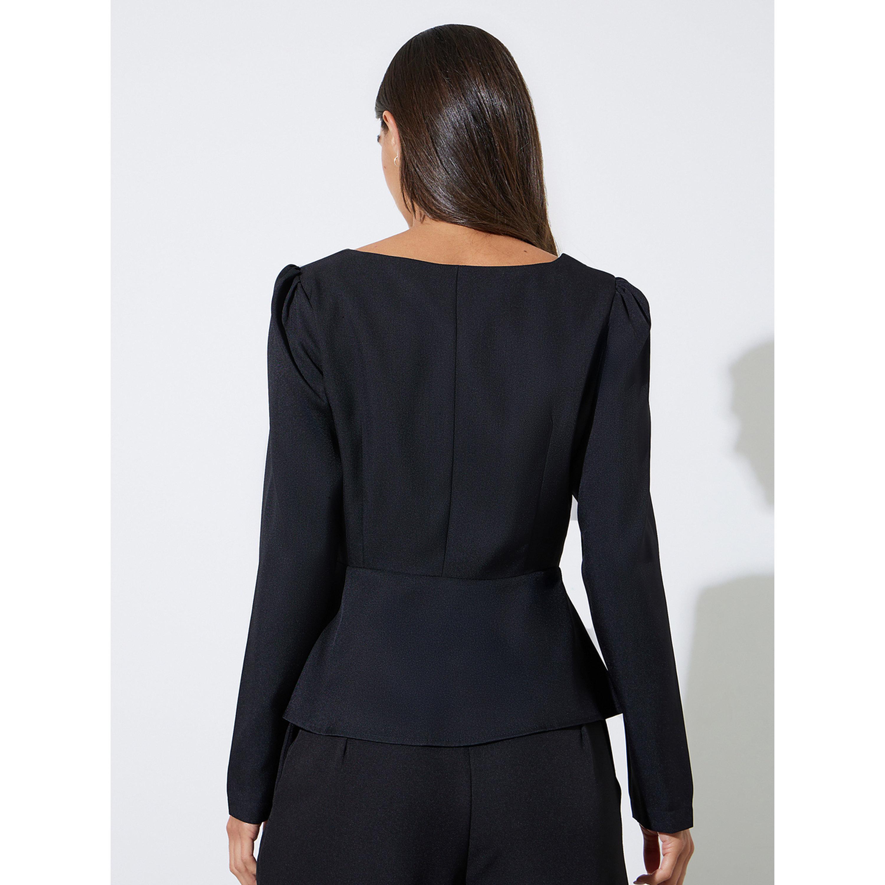 Styli Black Solid Pleated Detail Sweetheart Neck Peplum Top-women-clothing-shirtsandblouses-blouses-image-4