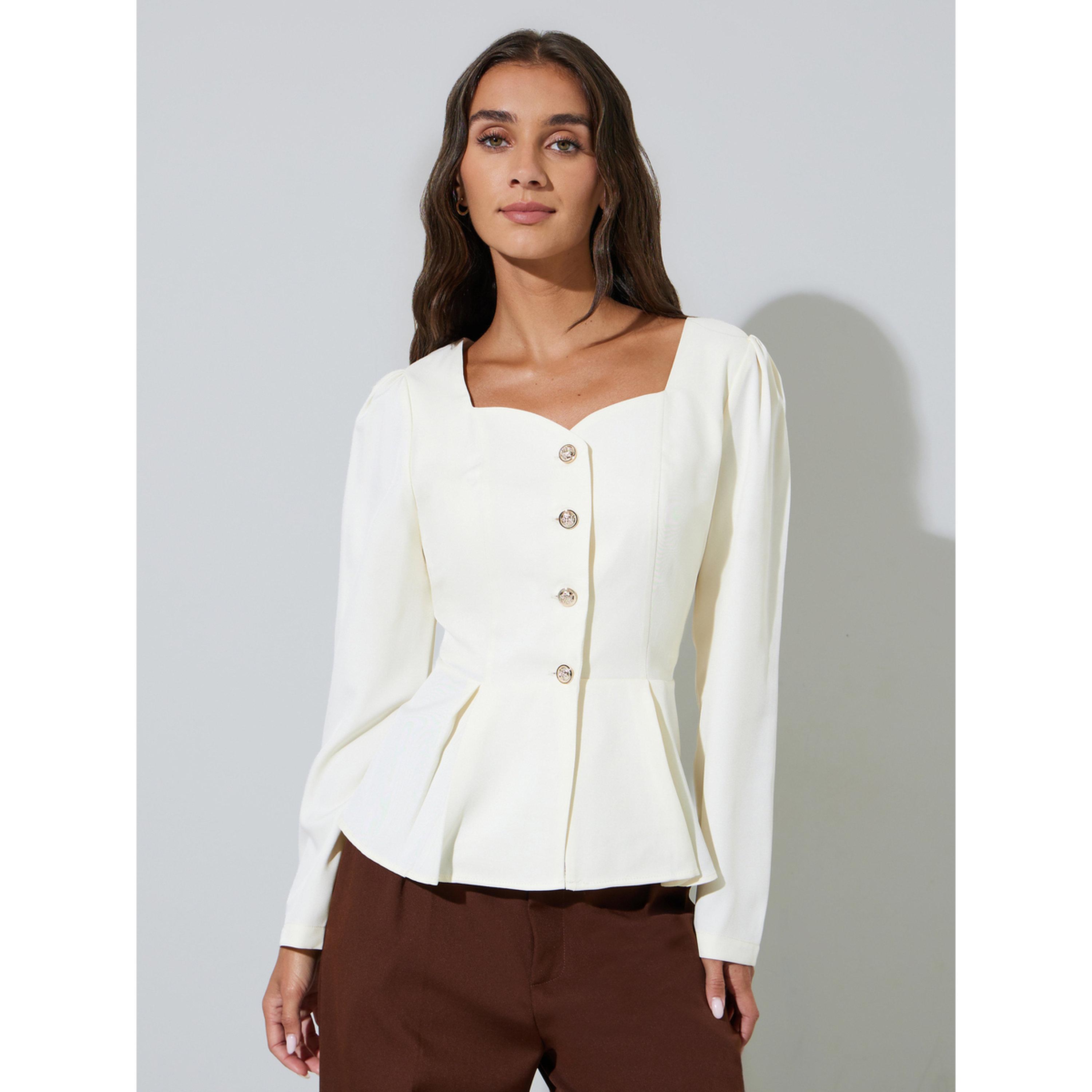 Styli Off White Solid Pleated Detail Sweetheart Neck Peplum Top-women-clothing-shirtsandblouses-blouses-image-1