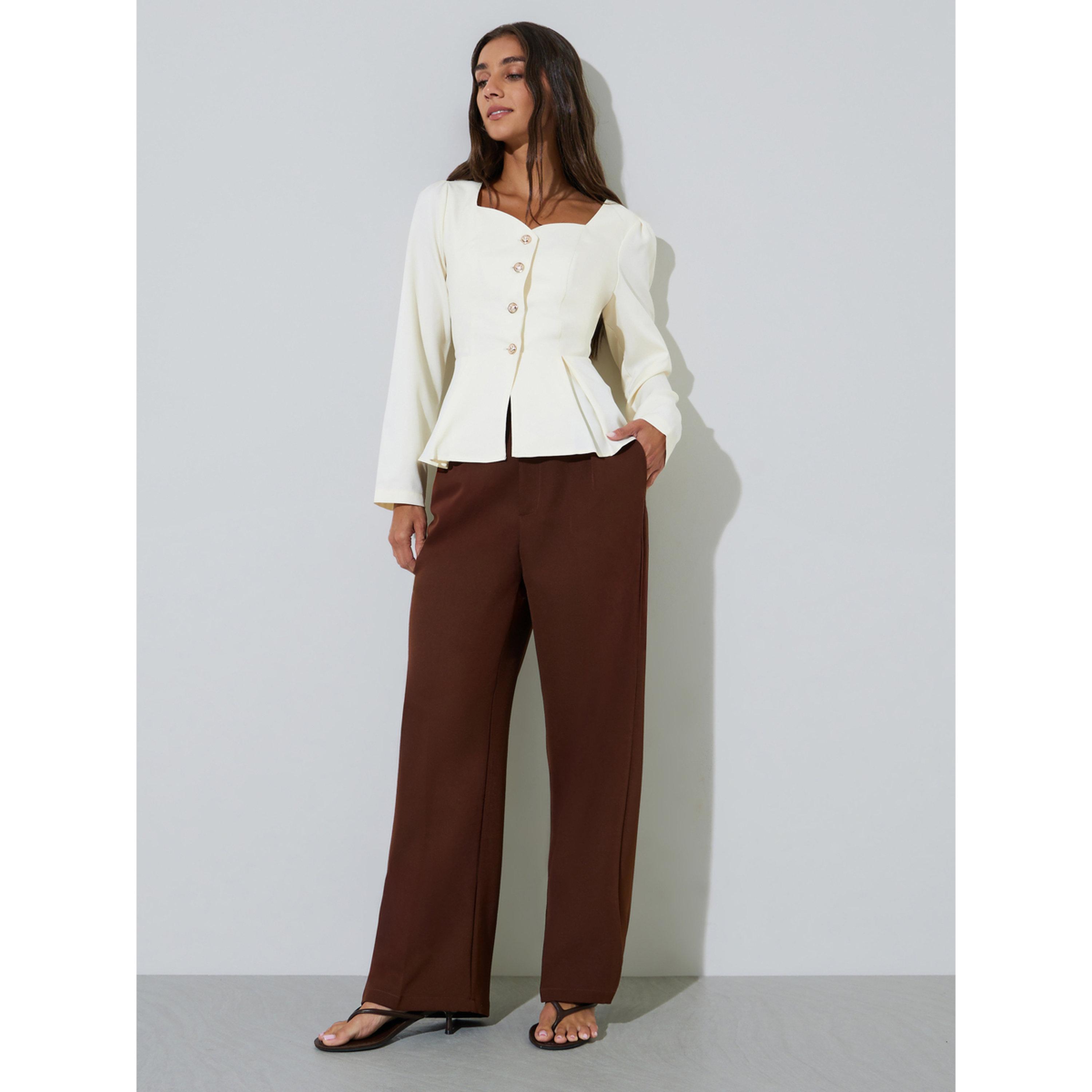 Styli Off White Solid Pleated Detail Sweetheart Neck Peplum Top-women-clothing-shirtsandblouses-blouses-image-2