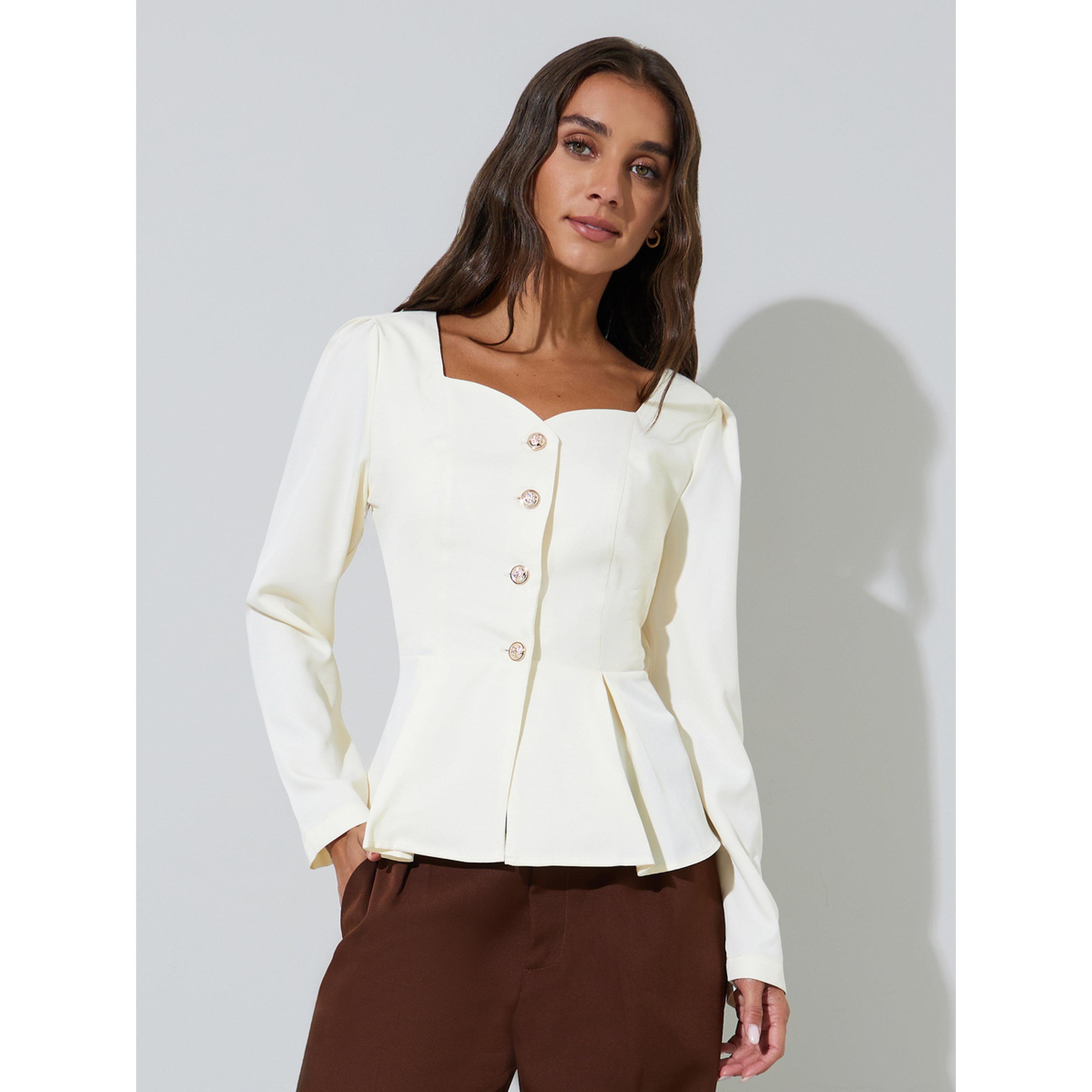 Styli Off White Solid Pleated Detail Sweetheart Neck Peplum Top-women-clothing-shirtsandblouses-blouses-image-3