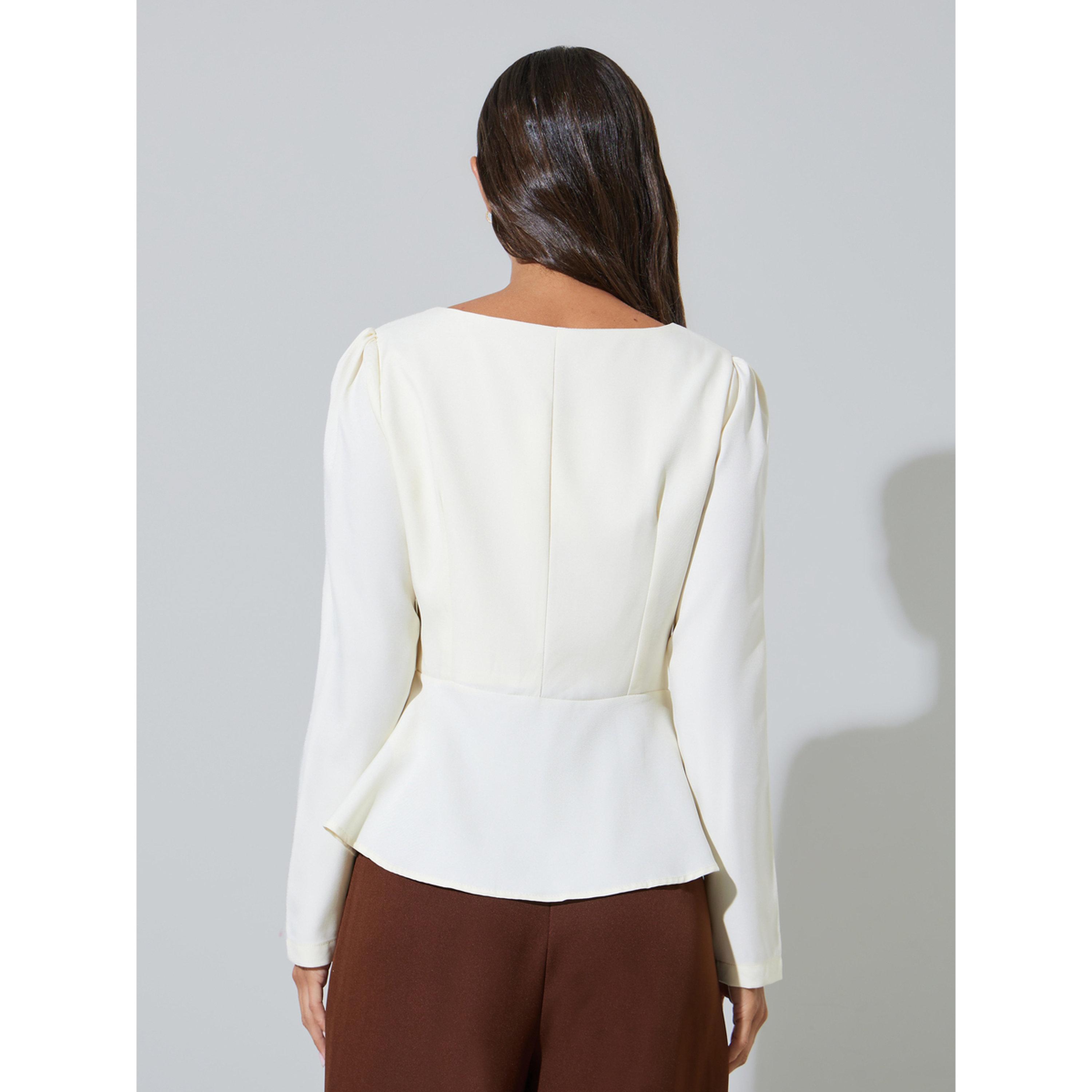 Styli Off White Solid Pleated Detail Sweetheart Neck Peplum Top-women-clothing-shirtsandblouses-blouses-image-4