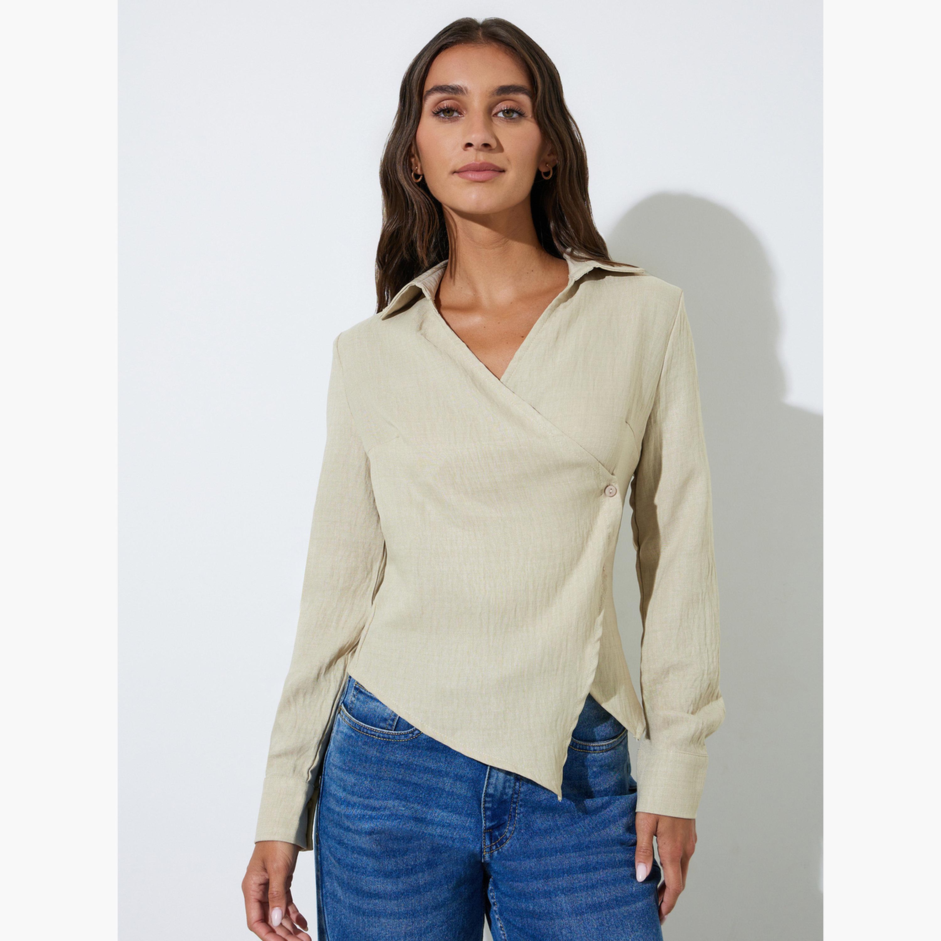 بلوزة متقاطعة بحافة غير متماثلة وقصة ضيقة لون بيج-women-clothing-shirtsandblouses-blouses-image-1