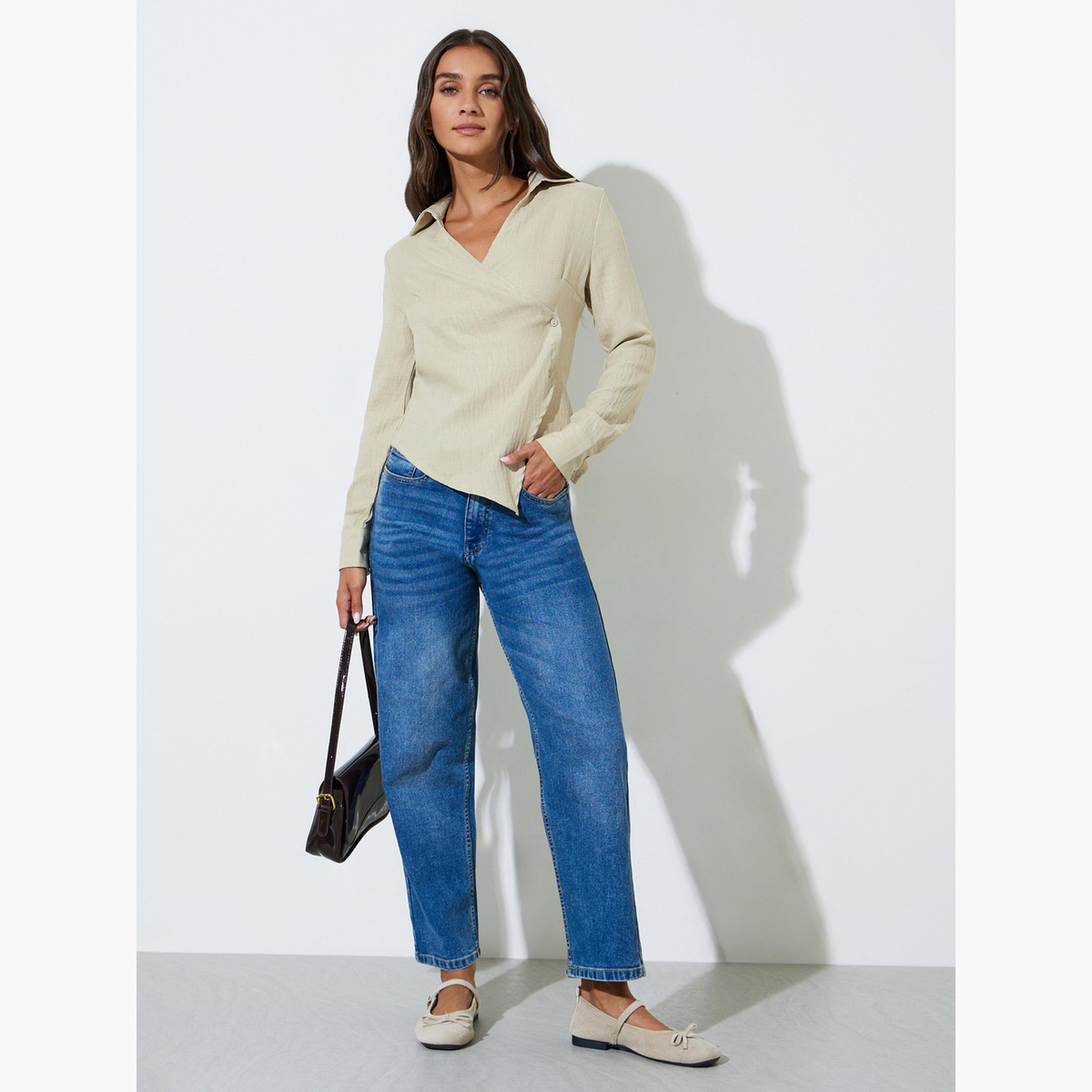 بلوزة متقاطعة بحافة غير متماثلة وقصة ضيقة لون بيج-women-clothing-shirtsandblouses-blouses-image-2