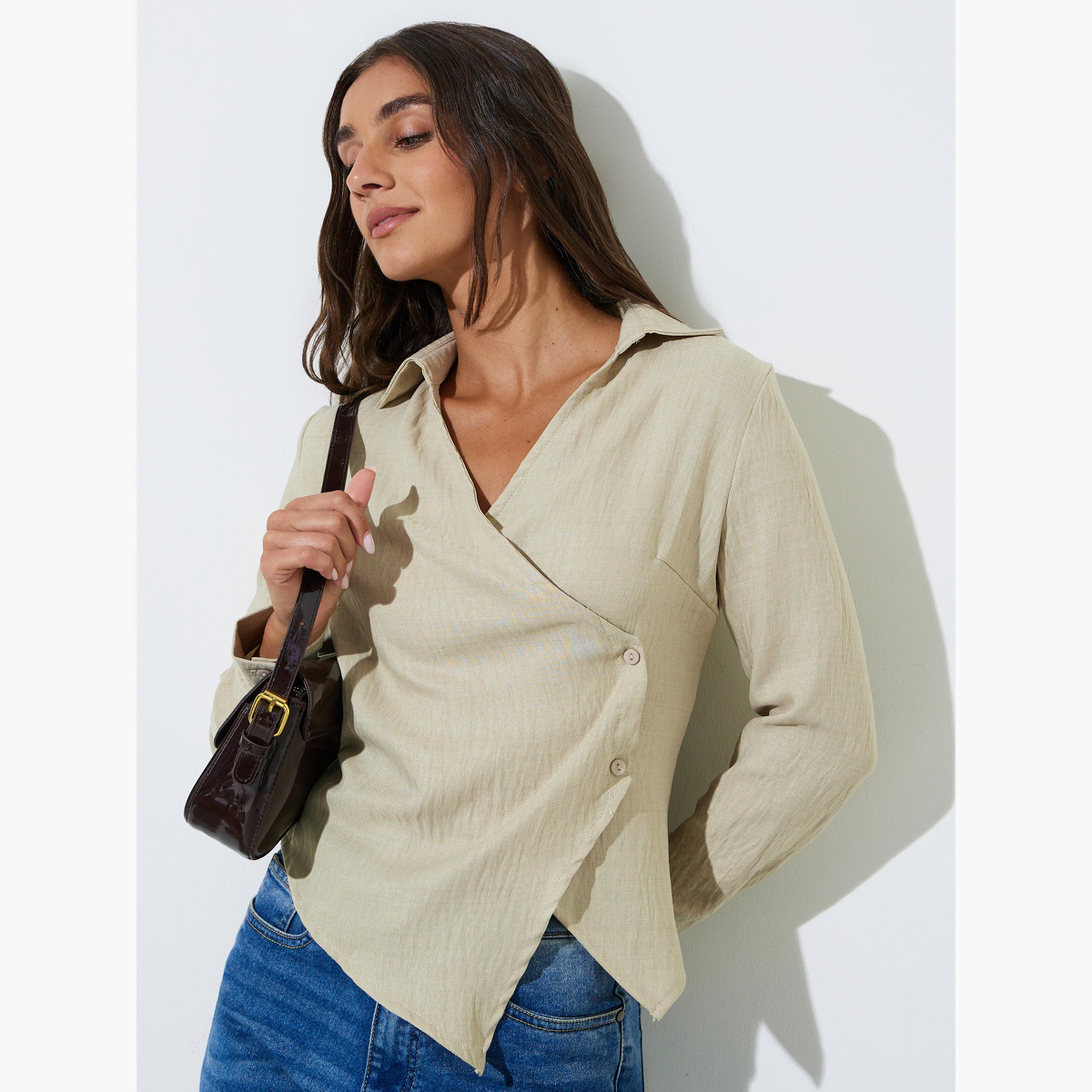 بلوزة متقاطعة بحافة غير متماثلة وقصة ضيقة لون بيج-women-clothing-shirtsandblouses-blouses-image-3