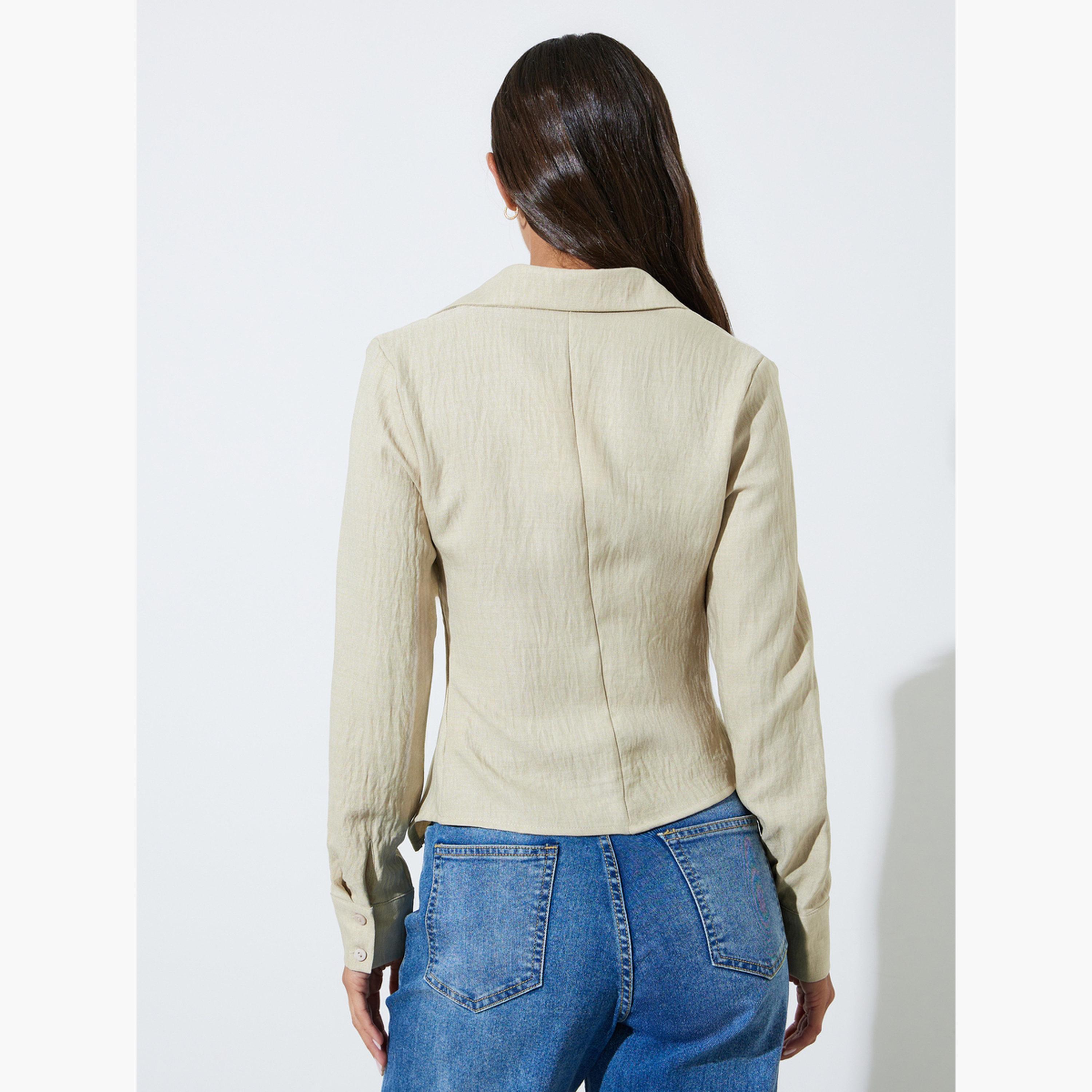 بلوزة متقاطعة بحافة غير متماثلة وقصة ضيقة لون بيج-women-clothing-shirtsandblouses-blouses-image-4