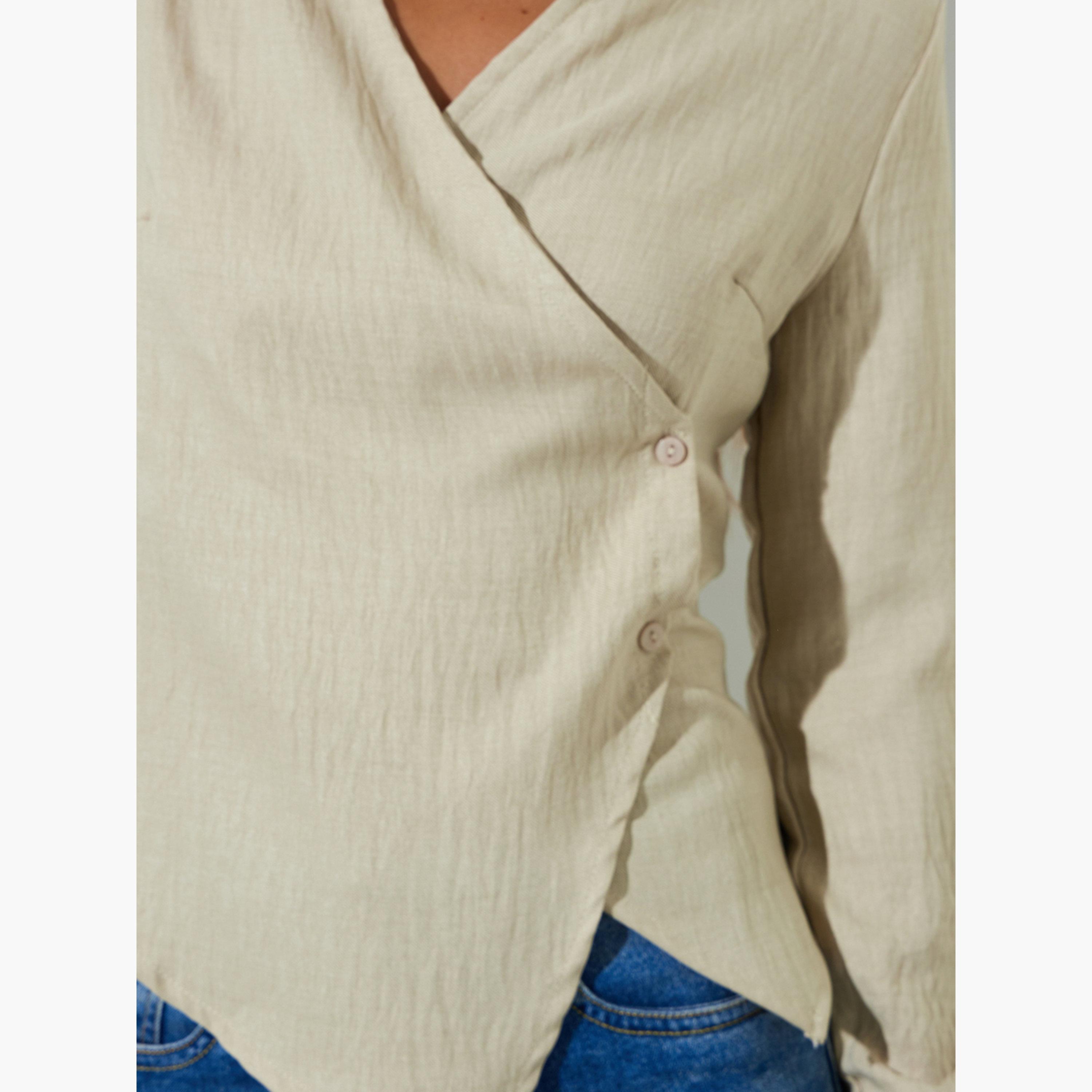 بلوزة متقاطعة بحافة غير متماثلة وقصة ضيقة لون بيج-women-clothing-shirtsandblouses-blouses-image-5