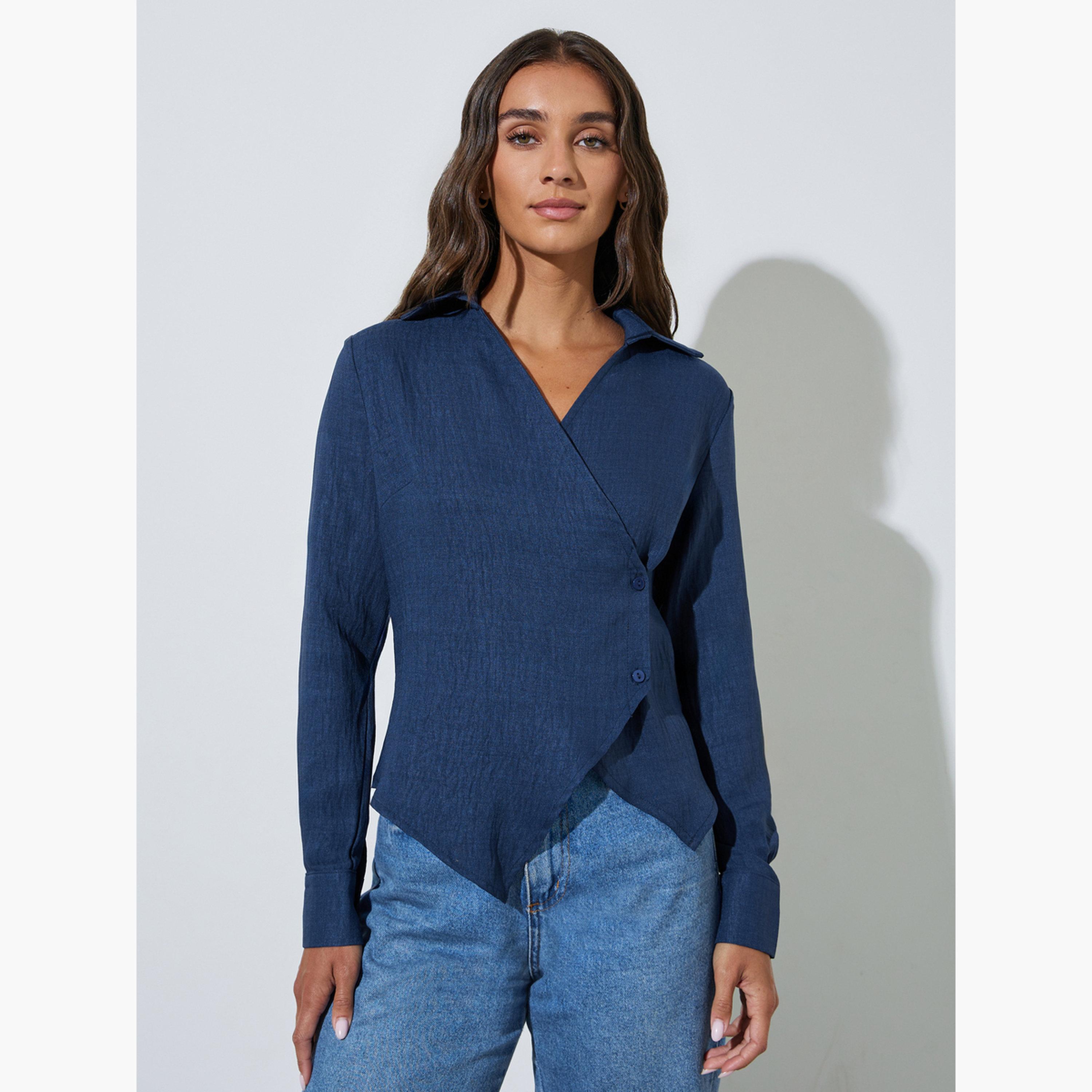 بلوزة متقاطعة بحافة غير متماثلة وقصة ضيقة لون أزرق-women-clothing-shirtsandblouses-blouses-image-1