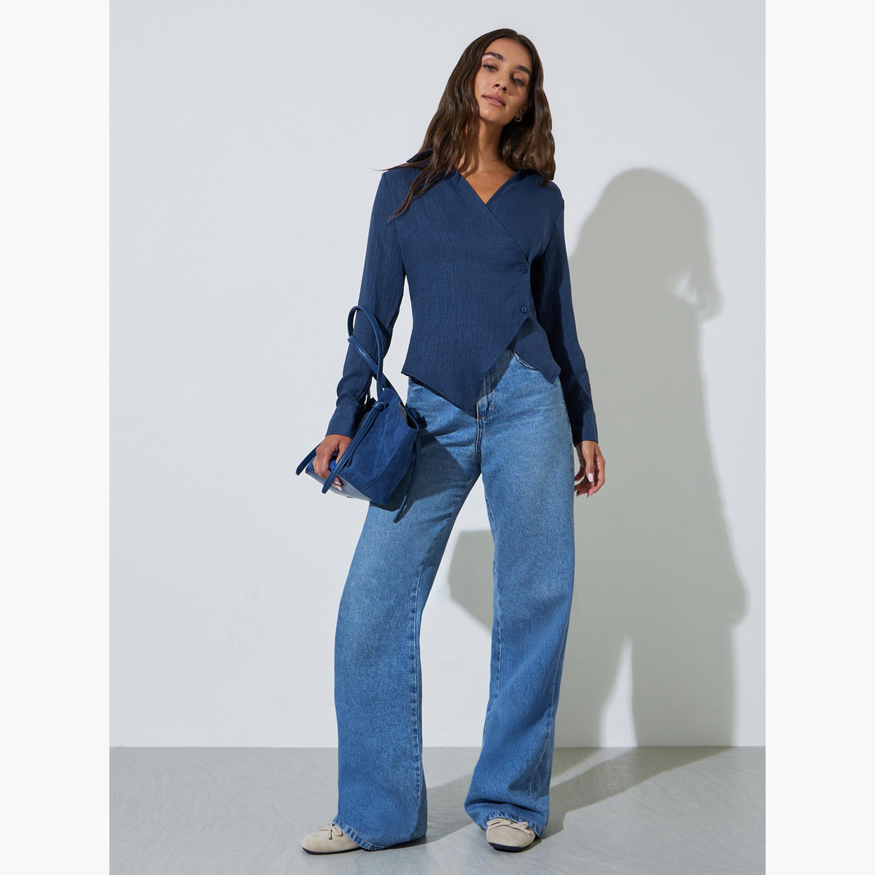 بلوزة متقاطعة بحافة غير متماثلة وقصة ضيقة لون أزرق-women-clothing-shirtsandblouses-blouses-image-2