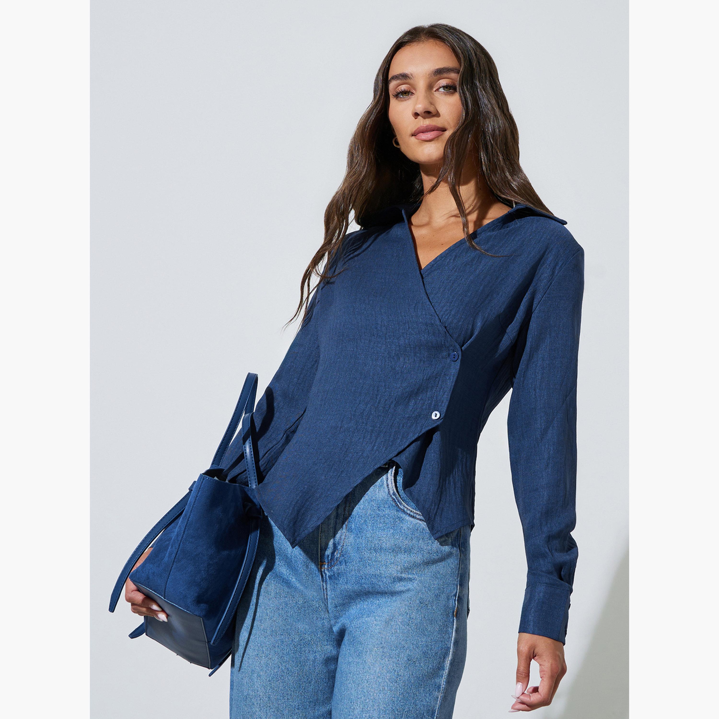بلوزة متقاطعة بحافة غير متماثلة وقصة ضيقة لون أزرق-women-clothing-shirtsandblouses-blouses-image-3