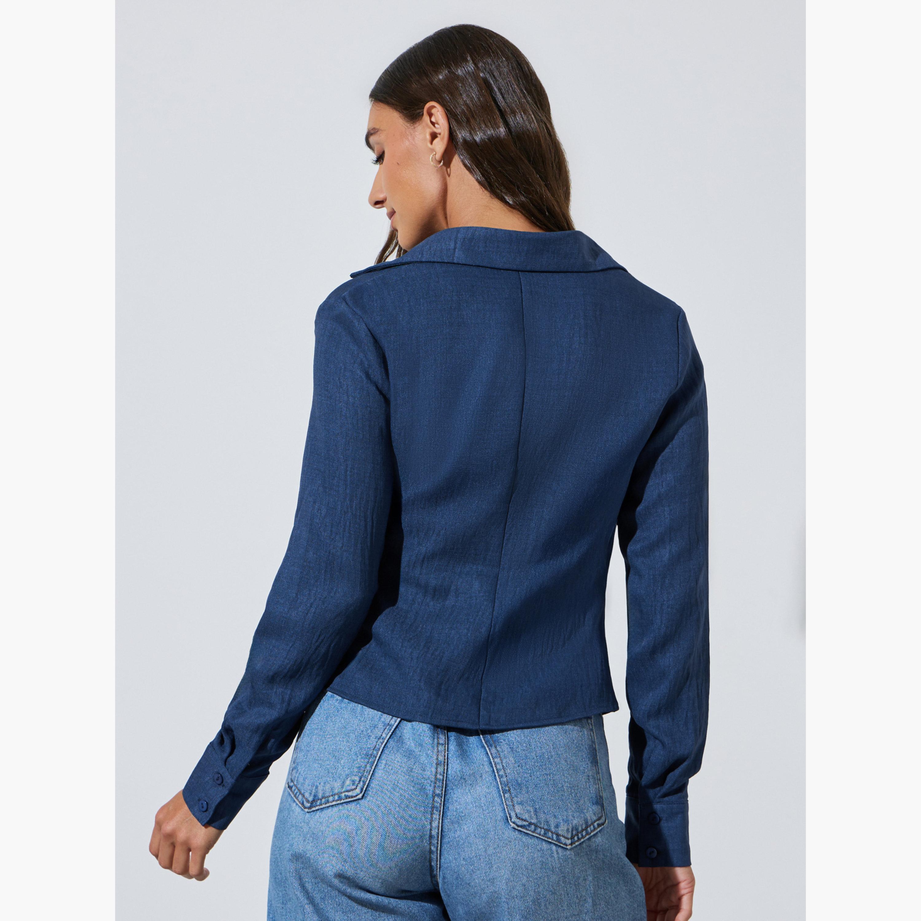 بلوزة متقاطعة بحافة غير متماثلة وقصة ضيقة لون أزرق-women-clothing-shirtsandblouses-blouses-image-4