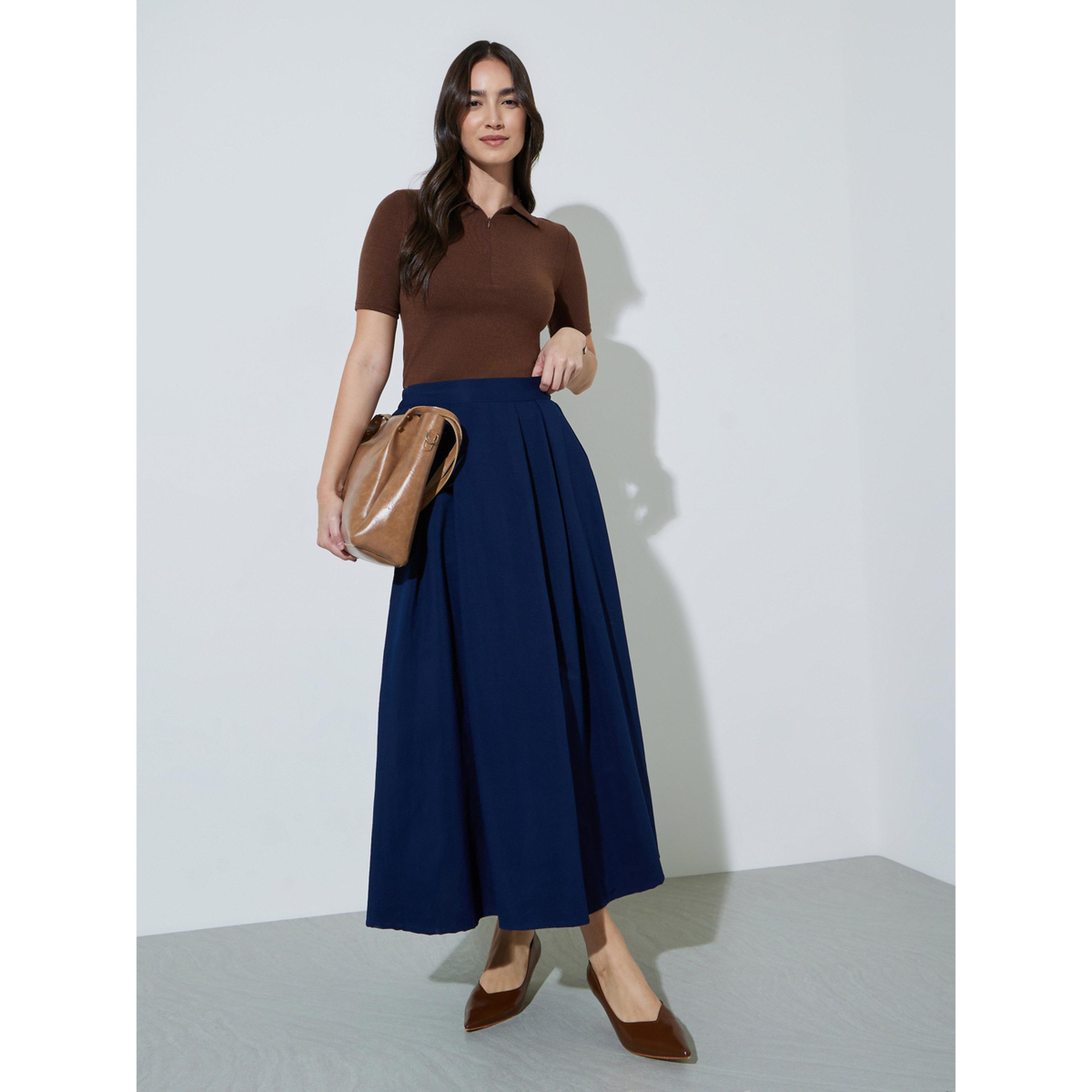 Styli Brown Collared Knitted Short Sleeve Top Front Zipper-women-clothing-tshirts-image-2