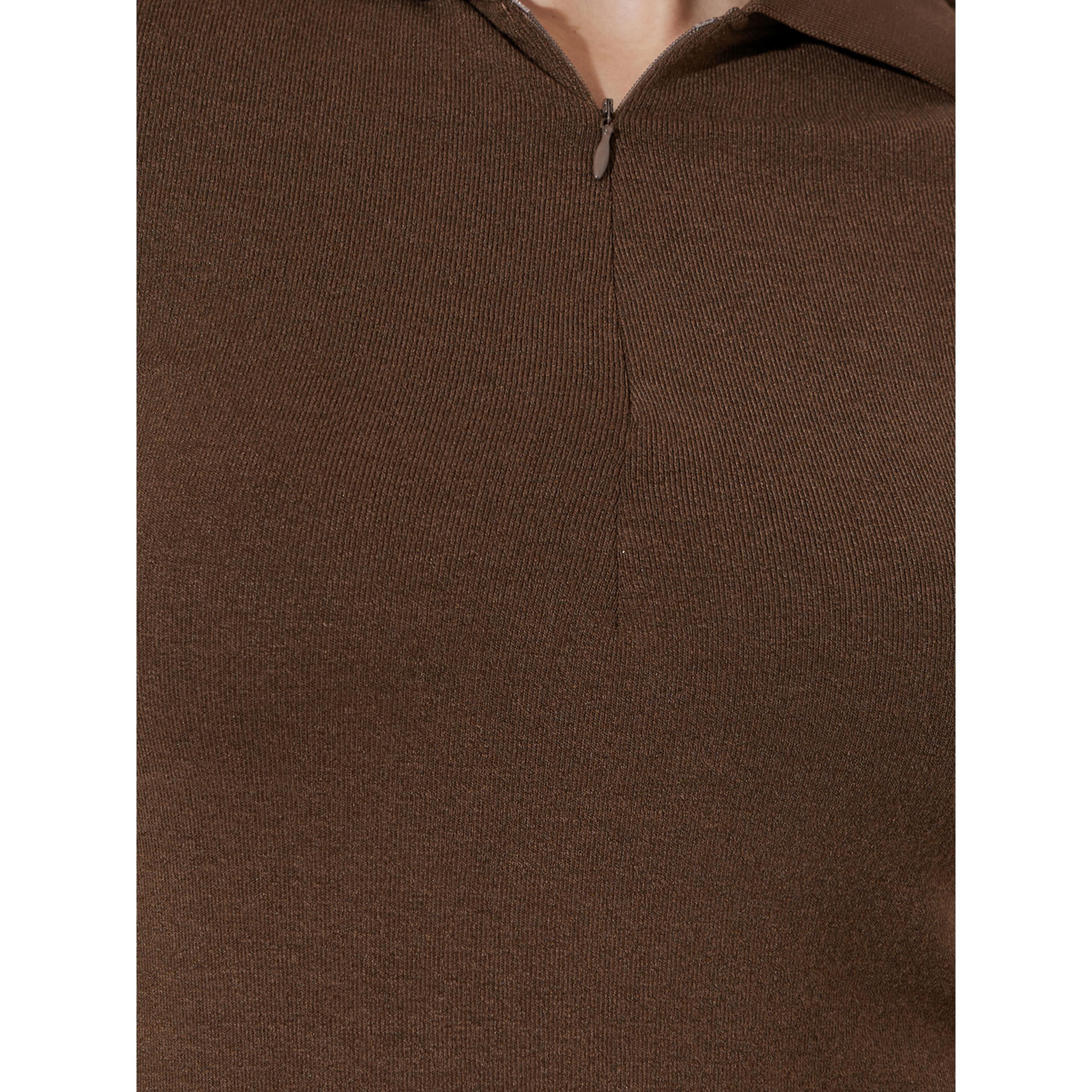 Styli Brown Collared Knitted Short Sleeve Top Front Zipper-women-clothing-tshirts-image-5