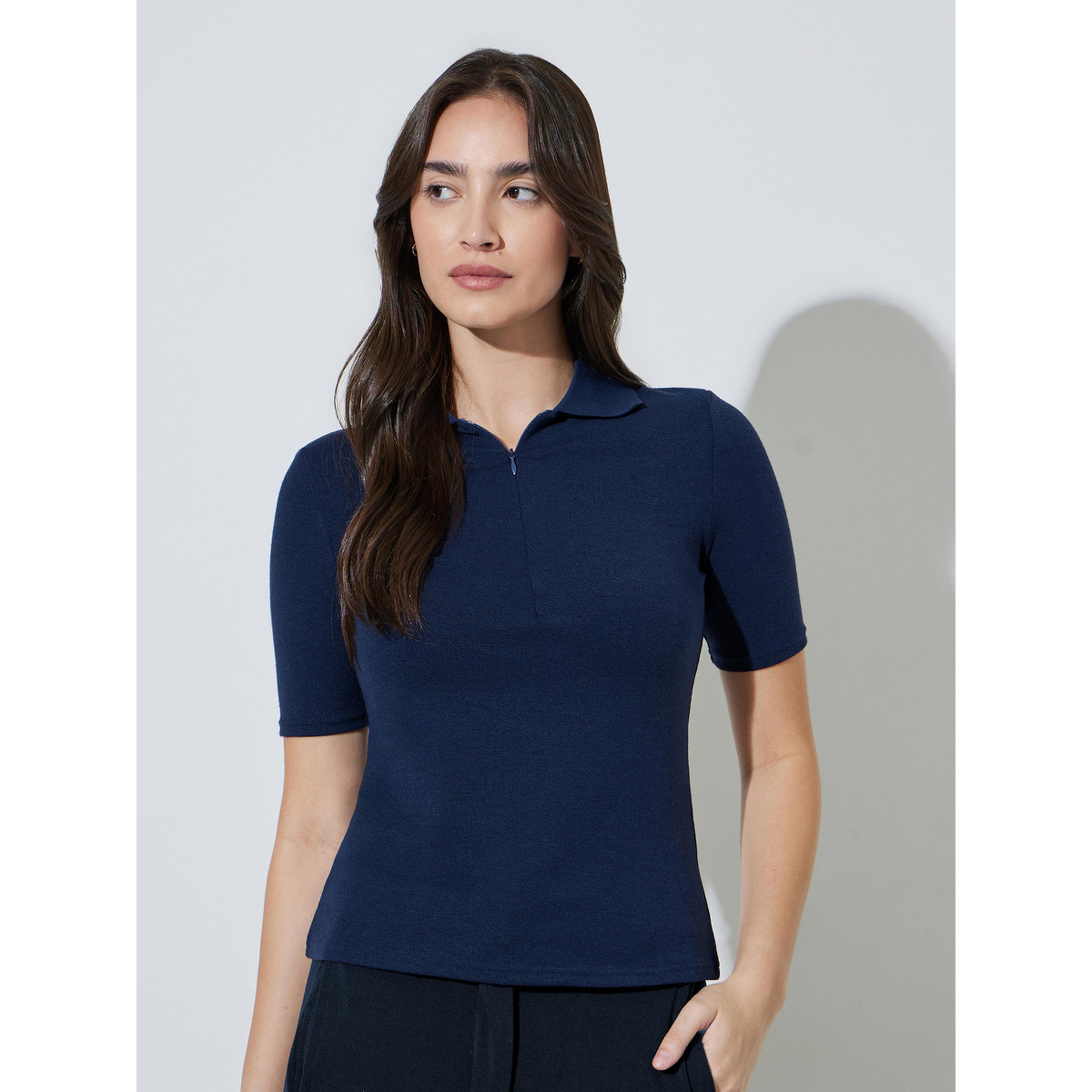 Styli Navy Blue Collared Knitted Short Sleeve Top Front Zipper-women-clothing-tshirts-image-1