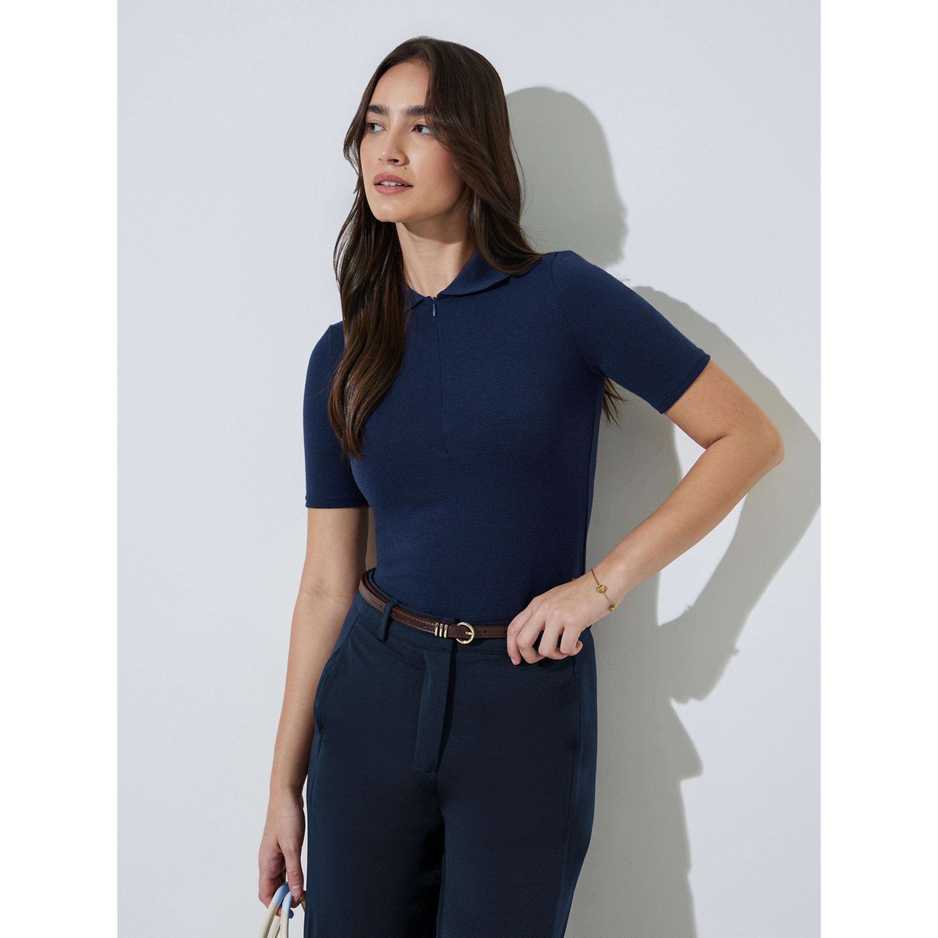 Styli Navy Blue Collared Knitted Short Sleeve Top Front Zipper-women-clothing-tshirts-image-3