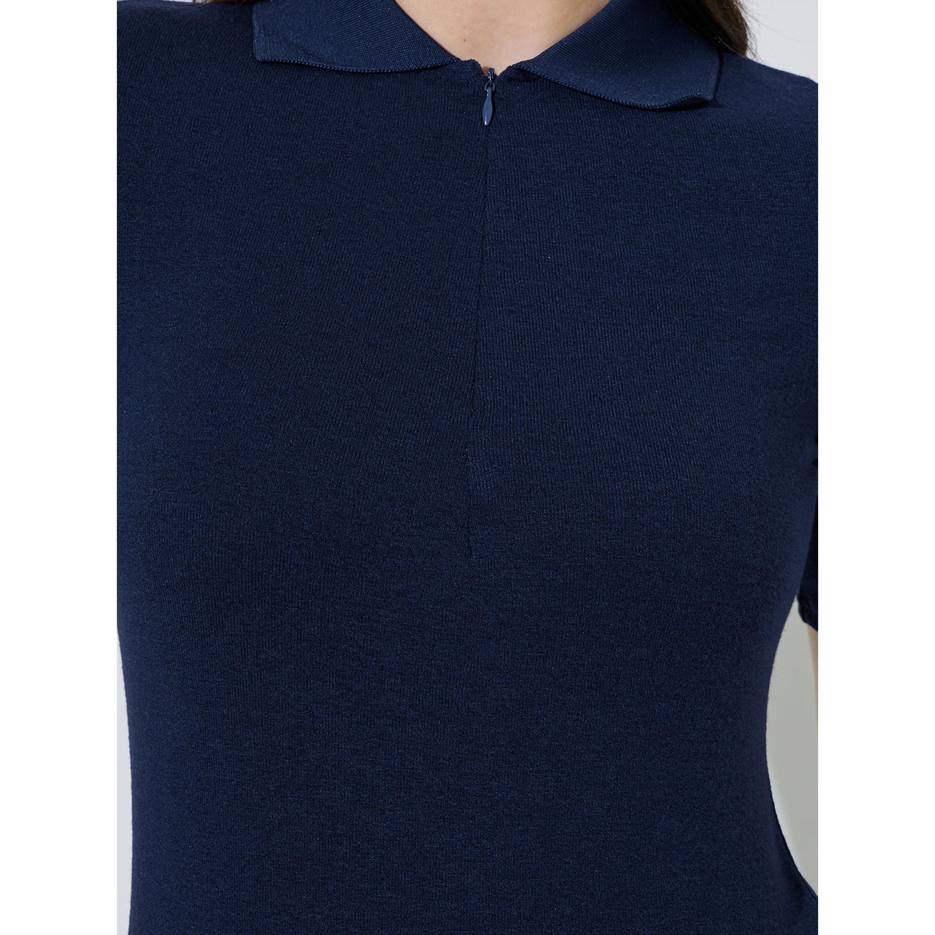 Styli Navy Blue Collared Knitted Short Sleeve Top Front Zipper-women-clothing-tshirts-image-5