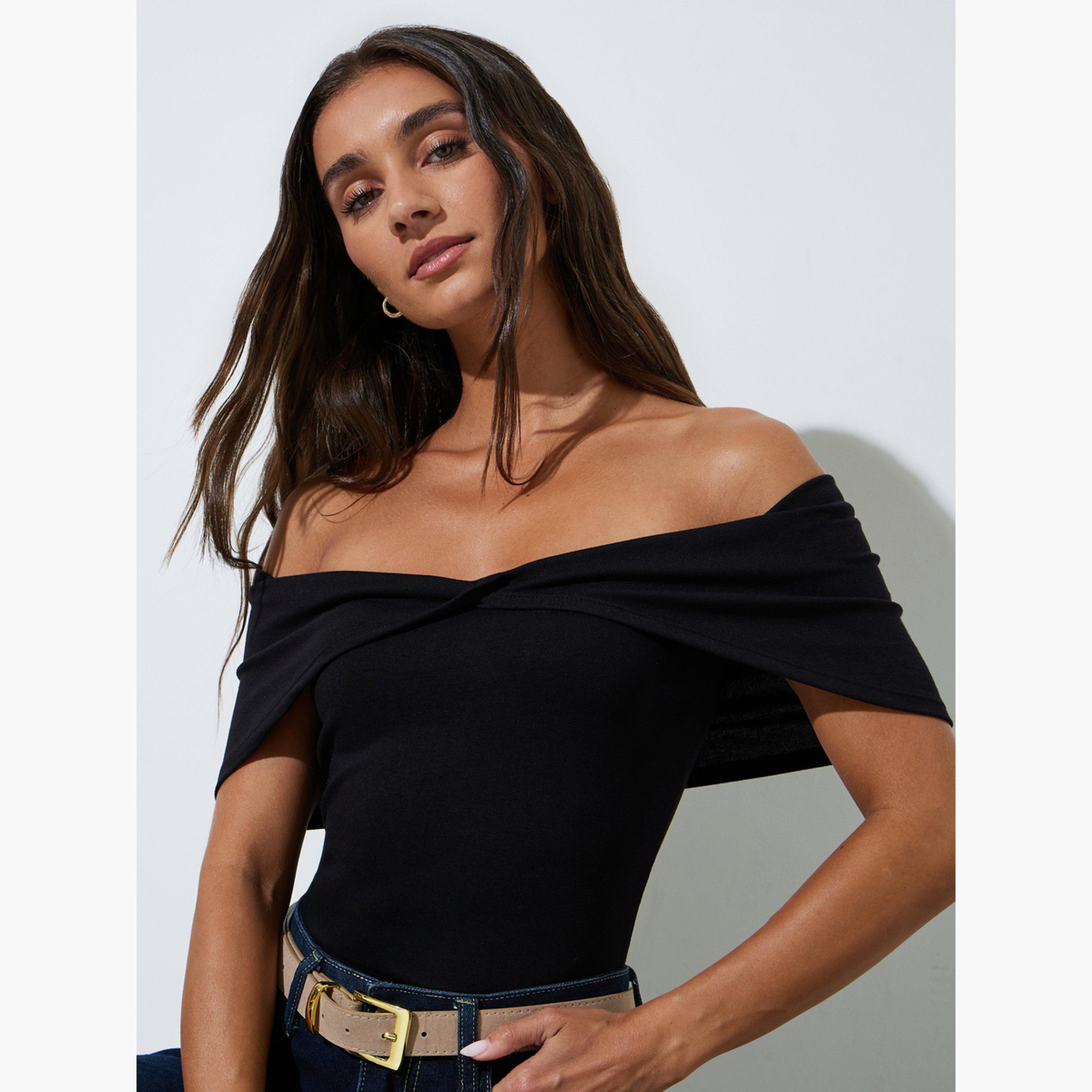 بلوزة محبوكة متقاطعة مكشوفة الأكتاف بلون سادة لون أسود-women-clothing-shirtsandblouses-blouses-image-3
